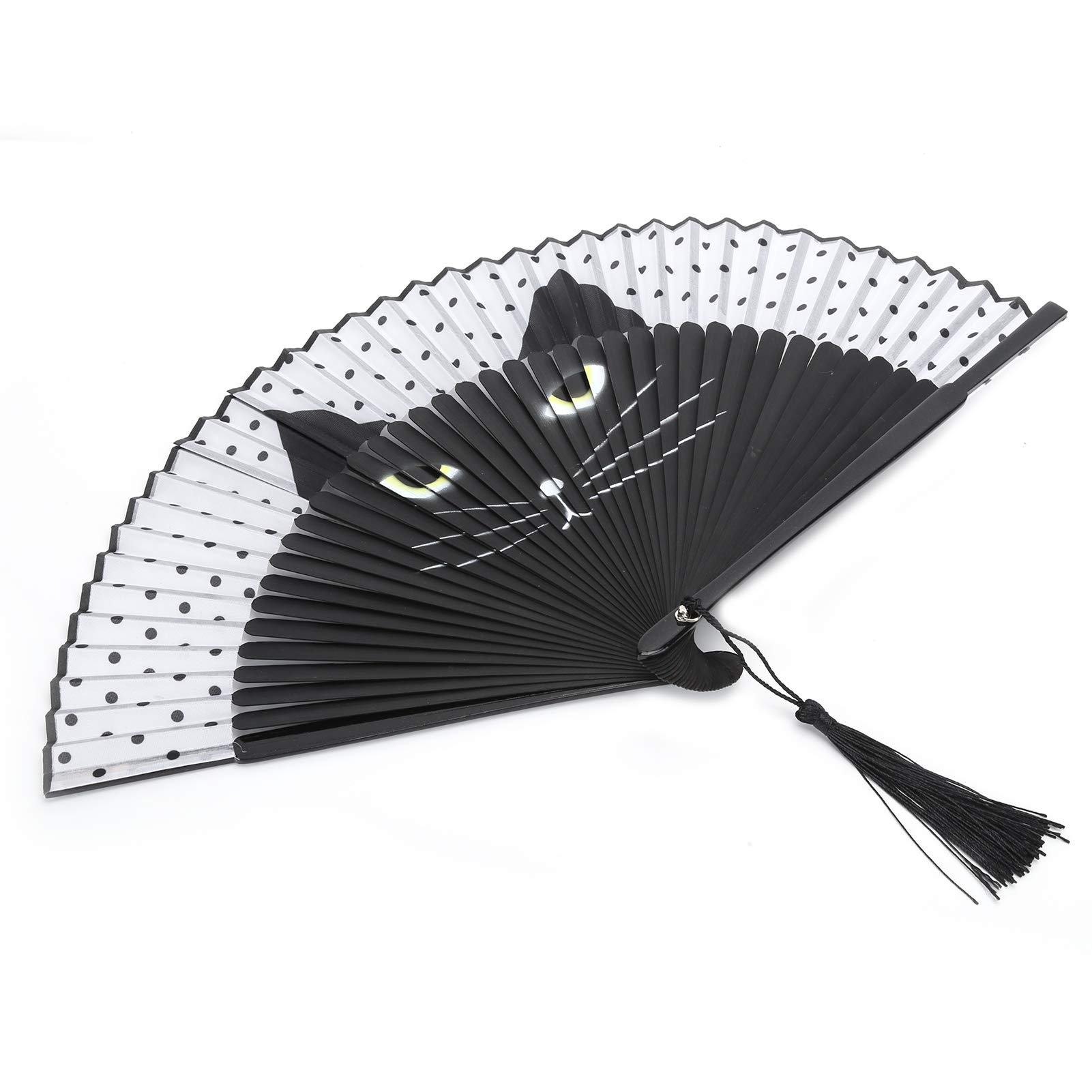 Hand Fan Folding Cat, Black Hand Fans for Women Folding Vintage Chinese Handheld Folding Fans Set with Tassel for Decoration