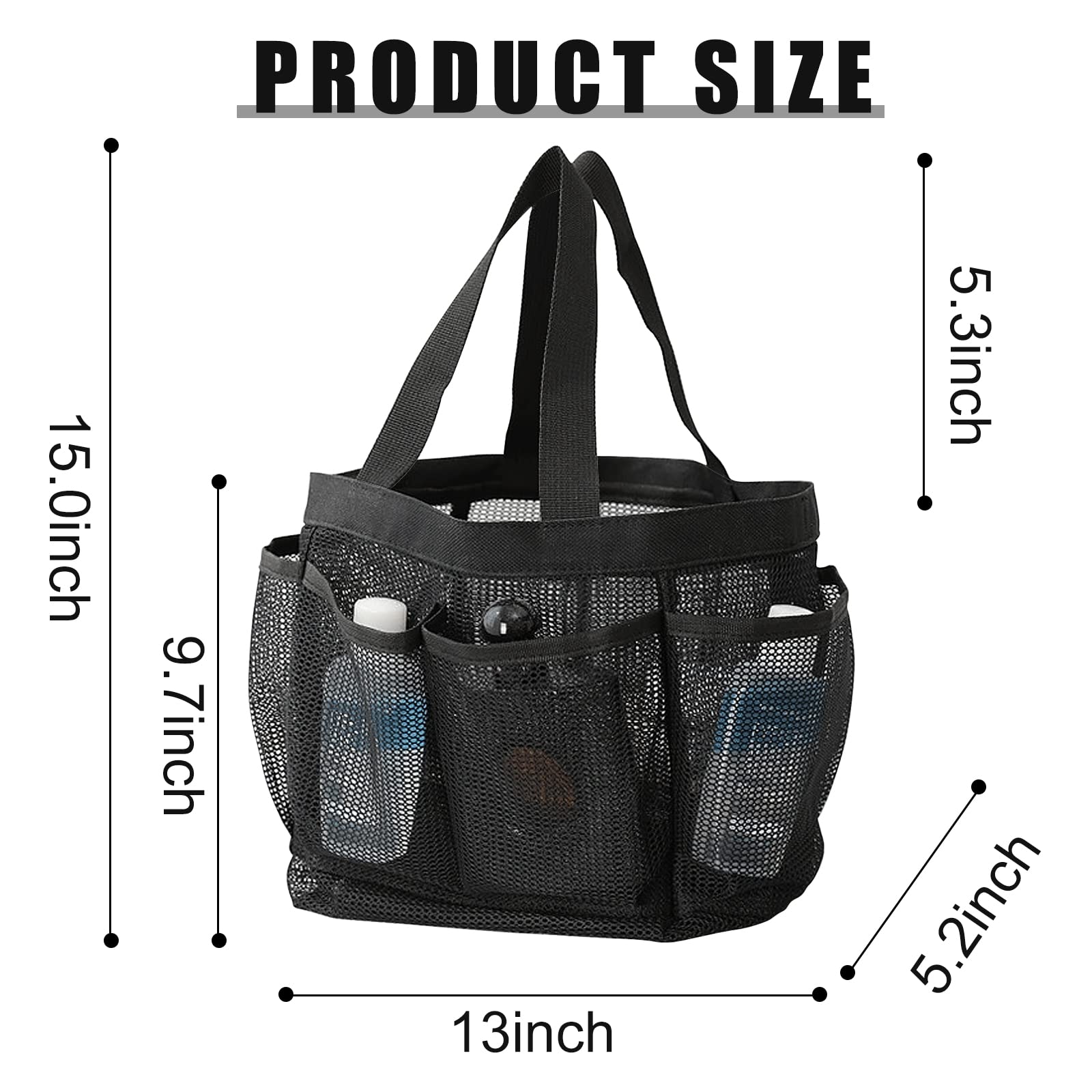 FuninCrea Mesh Shower Caddy, Portable Foldable Quick Dry Mesh Shower Bag With 8 Pockets for Bath Organizer Dorms Beach Travel (Black) - Image 2