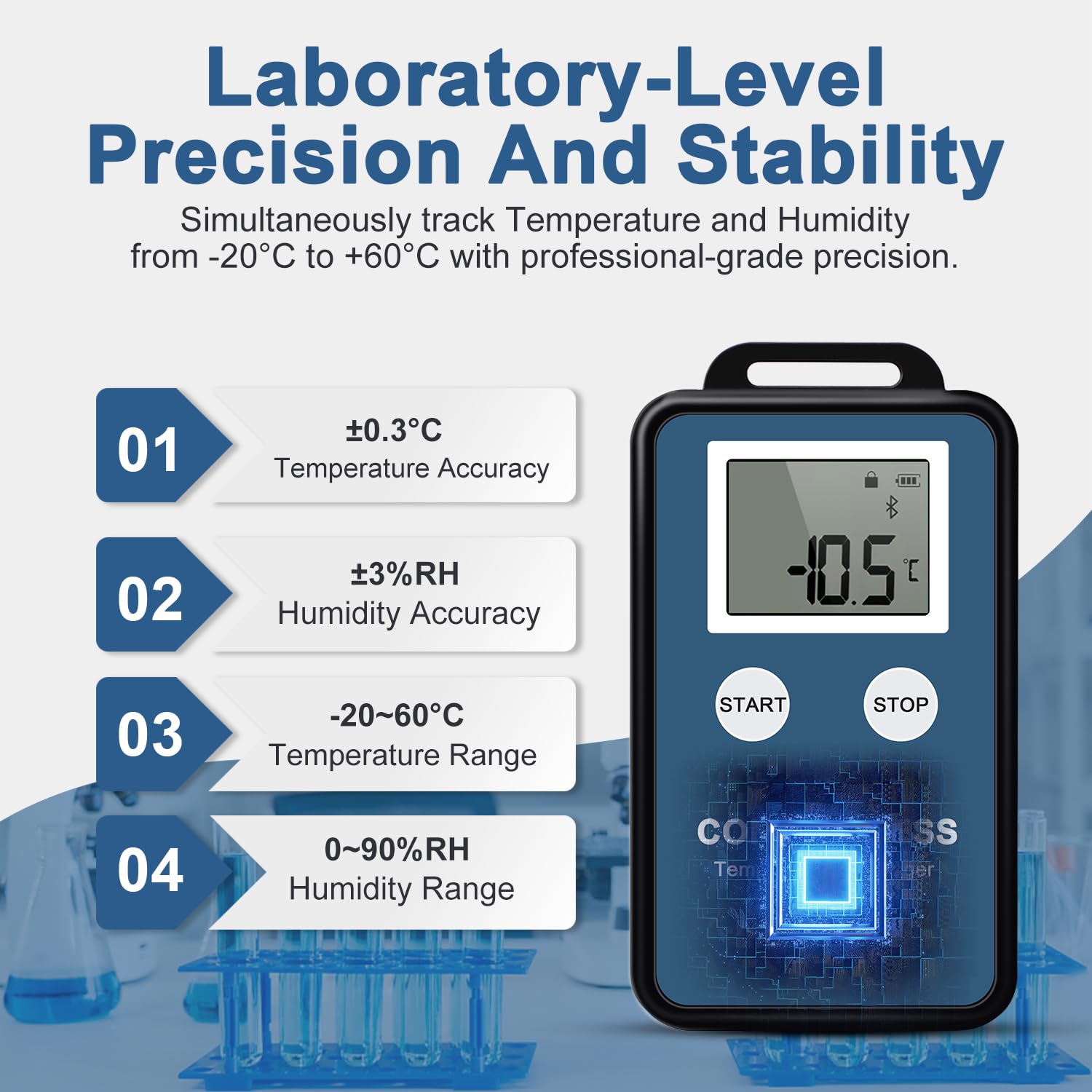 ThermElc TE-B3 Bluetooth registratore temperatura umidità, monitor wireless 300 m, 32000 punti, PDF CSV per mappatura laboratorio