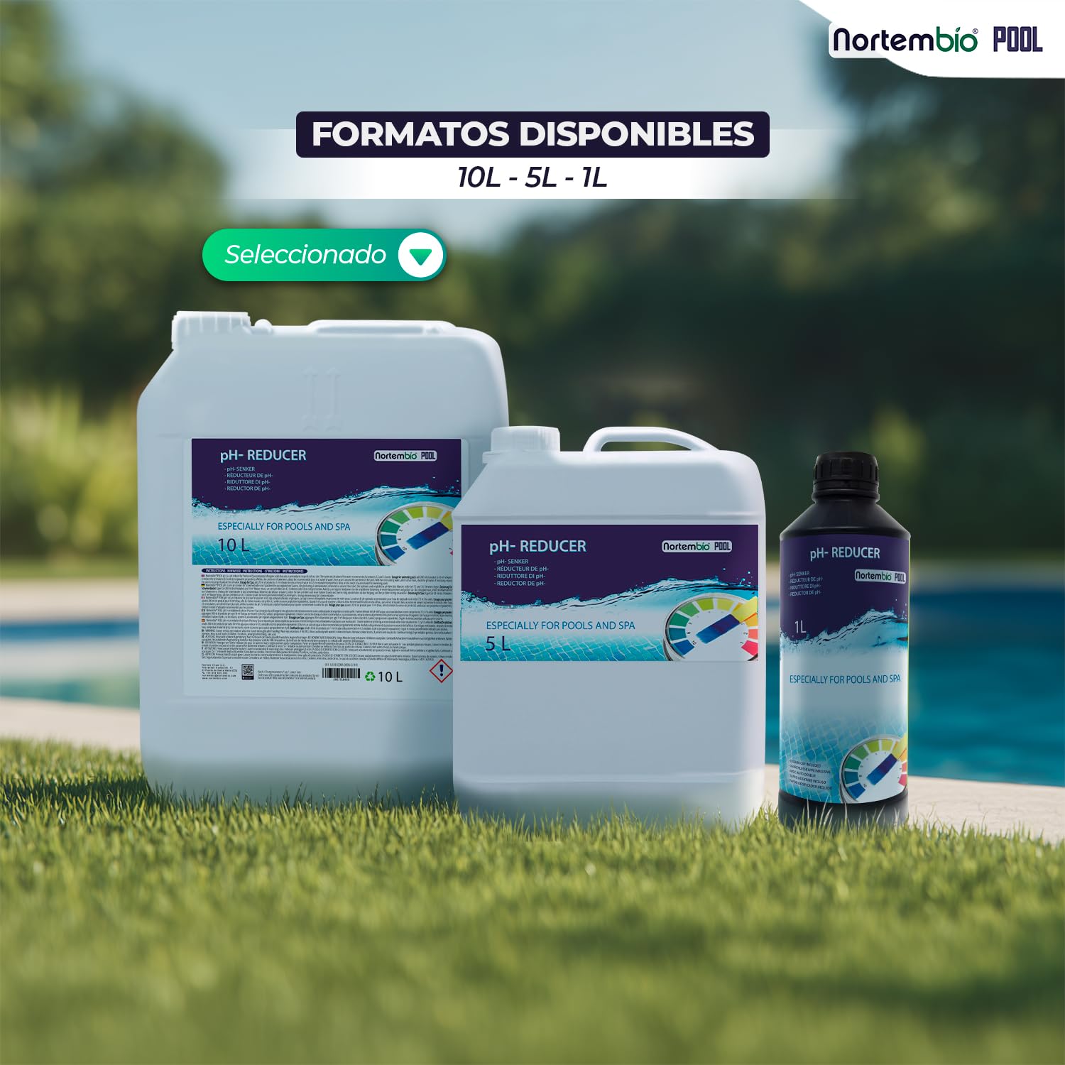 NortemBio Pool pH- Minus 10L Reductor pH Liquido, Disminuir pH Piscina y SPA, Regulador y Equilibrador pH, Mejora la Calidad del Agua de Forma 100% Natural