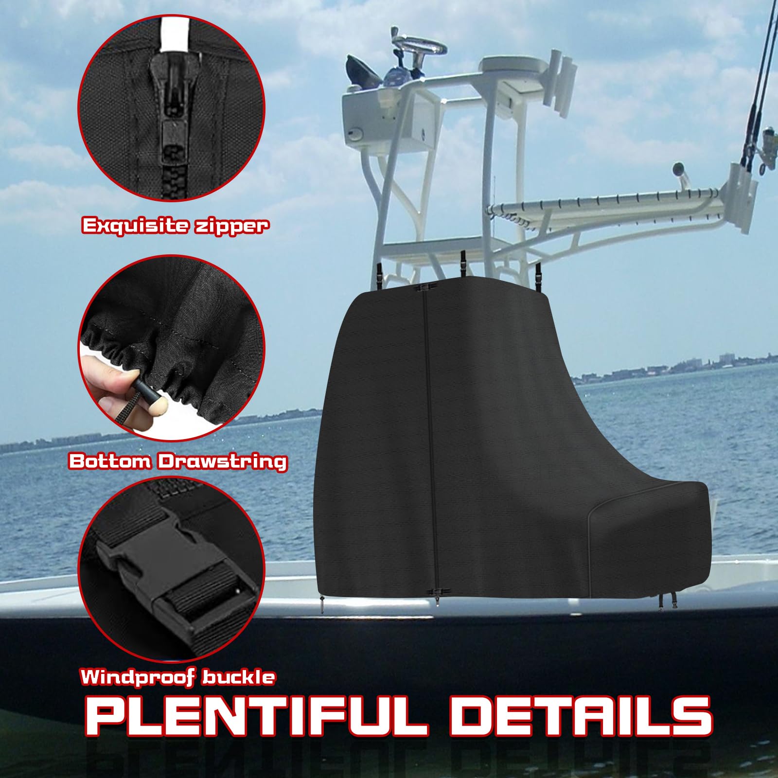 JPURXC T-Top Heavy Duty Center Console Cover for Boat - Marine Grade 900D Canvas, Waterproof, Protects Console and Helm Seat (Black, 94
