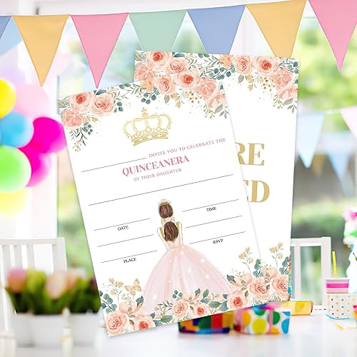 Miniatura 3 de AEHIE 20 juegos de invitaciones de relleno en forma de fiesta de quinceañera 15 con sobres, invitaciones de princesa rosa con corona floral rosa