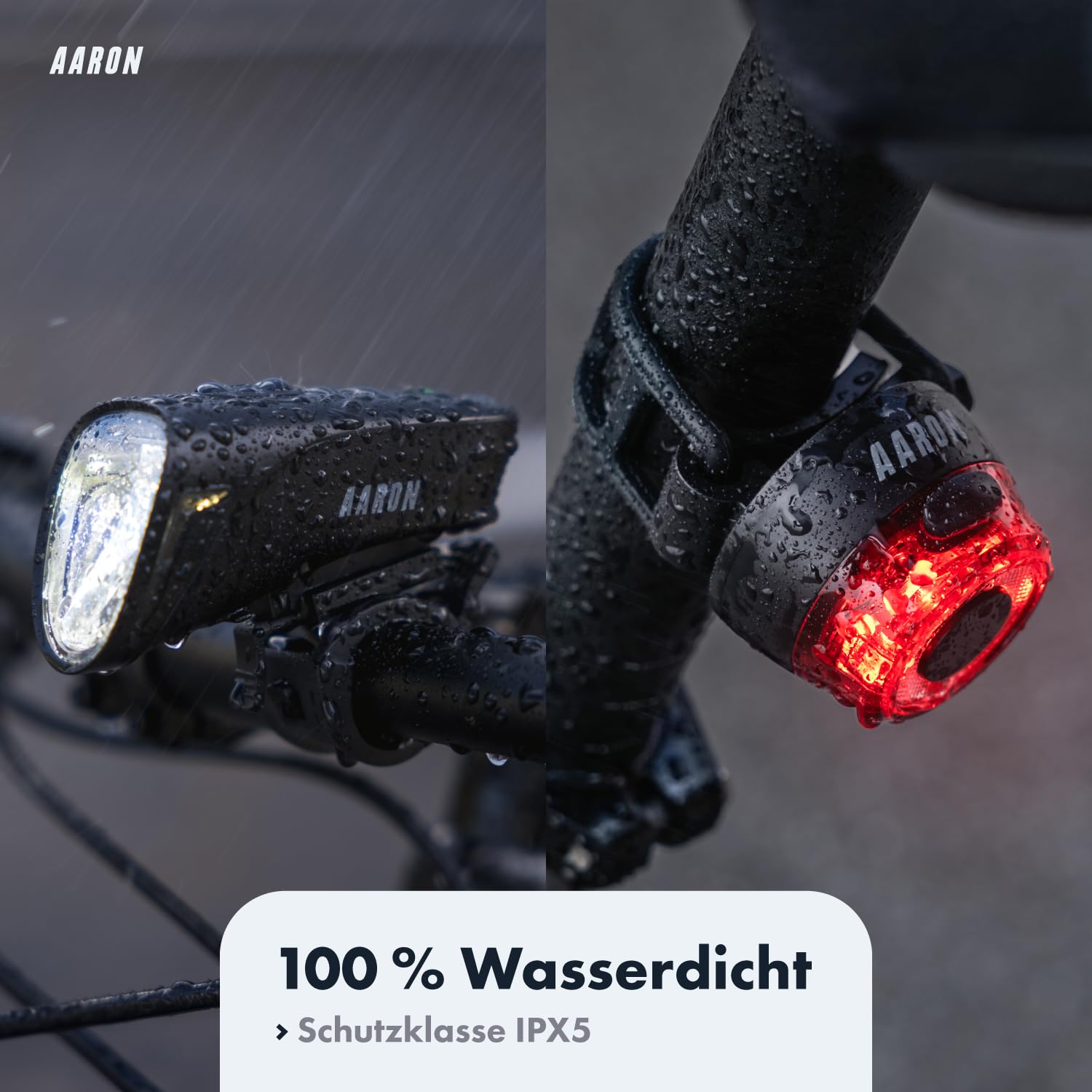 AARON Fahrradlicht Set 100 LUX / 50 LUX für Stadtpendler & E-Bike-Fahrer, StVZO zugelassen, USB aufladbar, Fahrrad Licht Set regenfest - Fahrradbeleuchtung - Beleuchtung Fahrrad für vorne + hinten