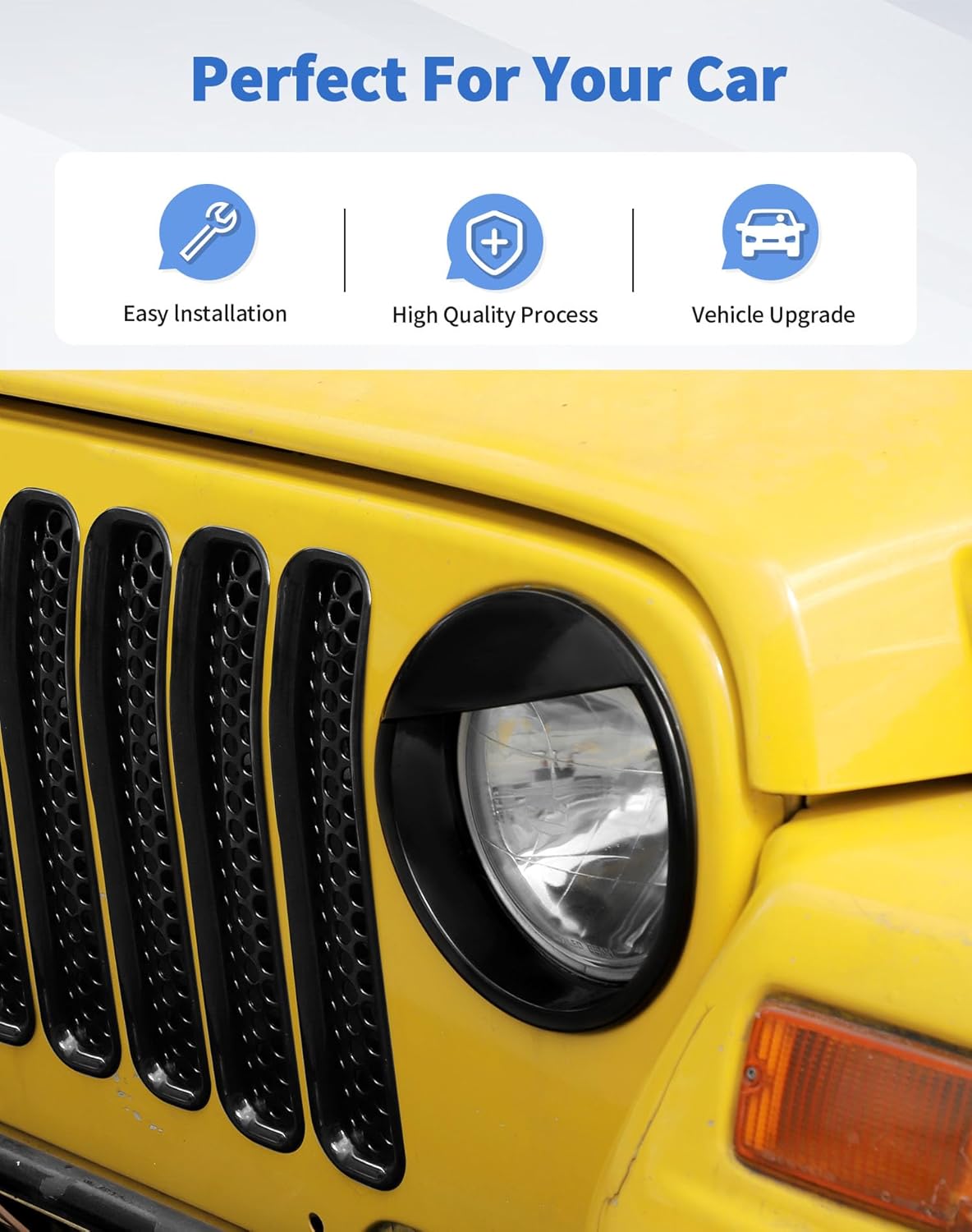 Honeycomb Front Grille Mesh Inserts & angry eyes Headlight Bezels Cover Trim Fit for 1997-2006 Jeep Wrangler TJ & Unlimited Exterior Accessories Clip-in Grille Guard Cover Headlight Bezels Trim Ring