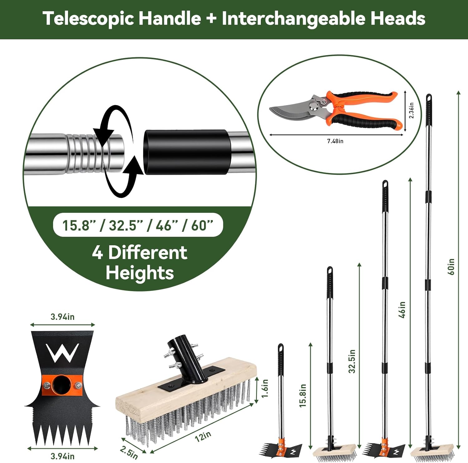 4-in-1 Weeding Tool with Hoe, Grabber, Pruning Shears & Scrub Brush,Garden Hoe & Weed Puller Tool with Long Handle,Dandelion Heavy Duty Uprooting Tool for Lawn Yard Garden