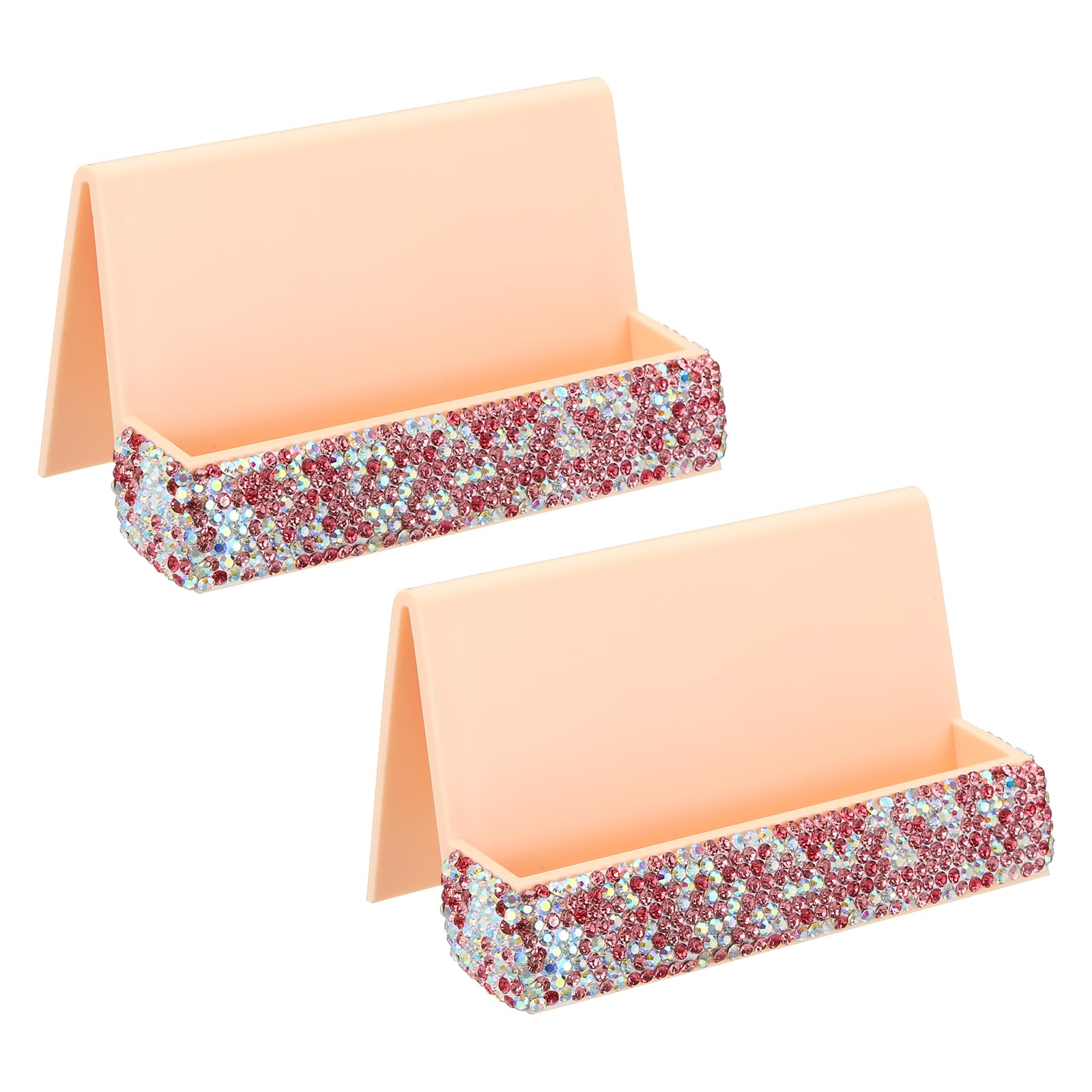 PATIKIL Business Card Holder for Desk 2 Pack Rhinestone Business Card Holders Crystal Card Stand Organizer Cards Display for Office Exhibition Pink