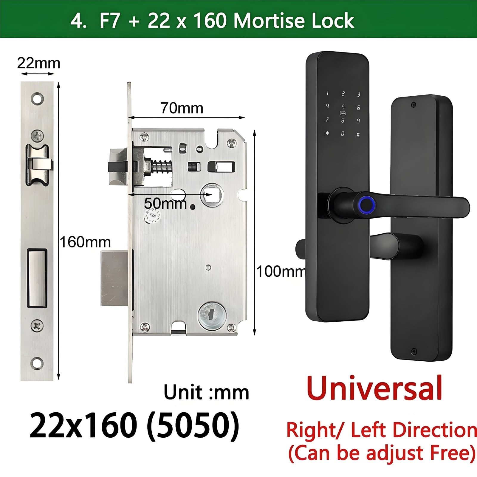 Serrure à Empreinte Digitale F7-TT — Compatible RAYKUBE F7 & TT Lock App · 5 Modes d’Ouverture (empreinte/app/code/carte/clé) · Pour pêne 22×160 mm · Portes 28–55 mm