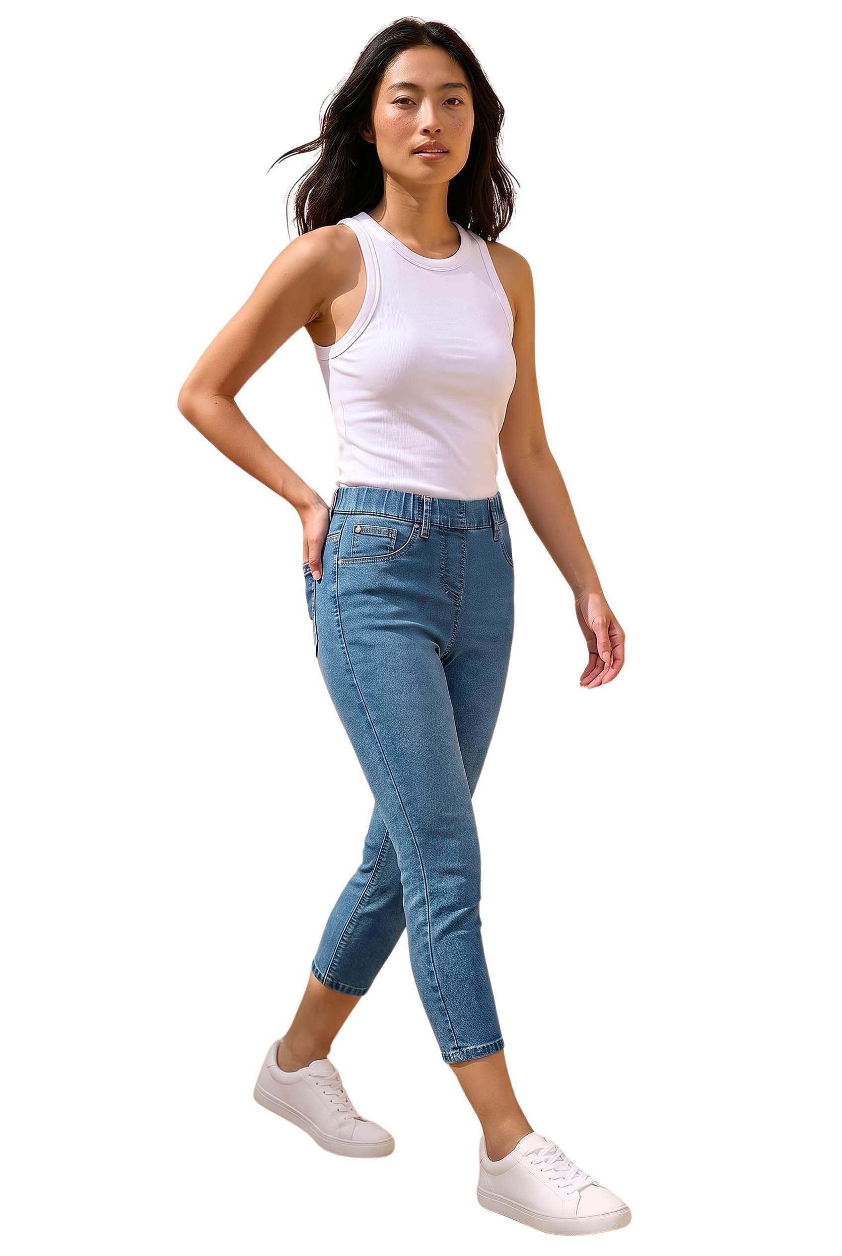 Roman Women's Mid Blue Petite Stretch Crop Denim Jegging In Size 18