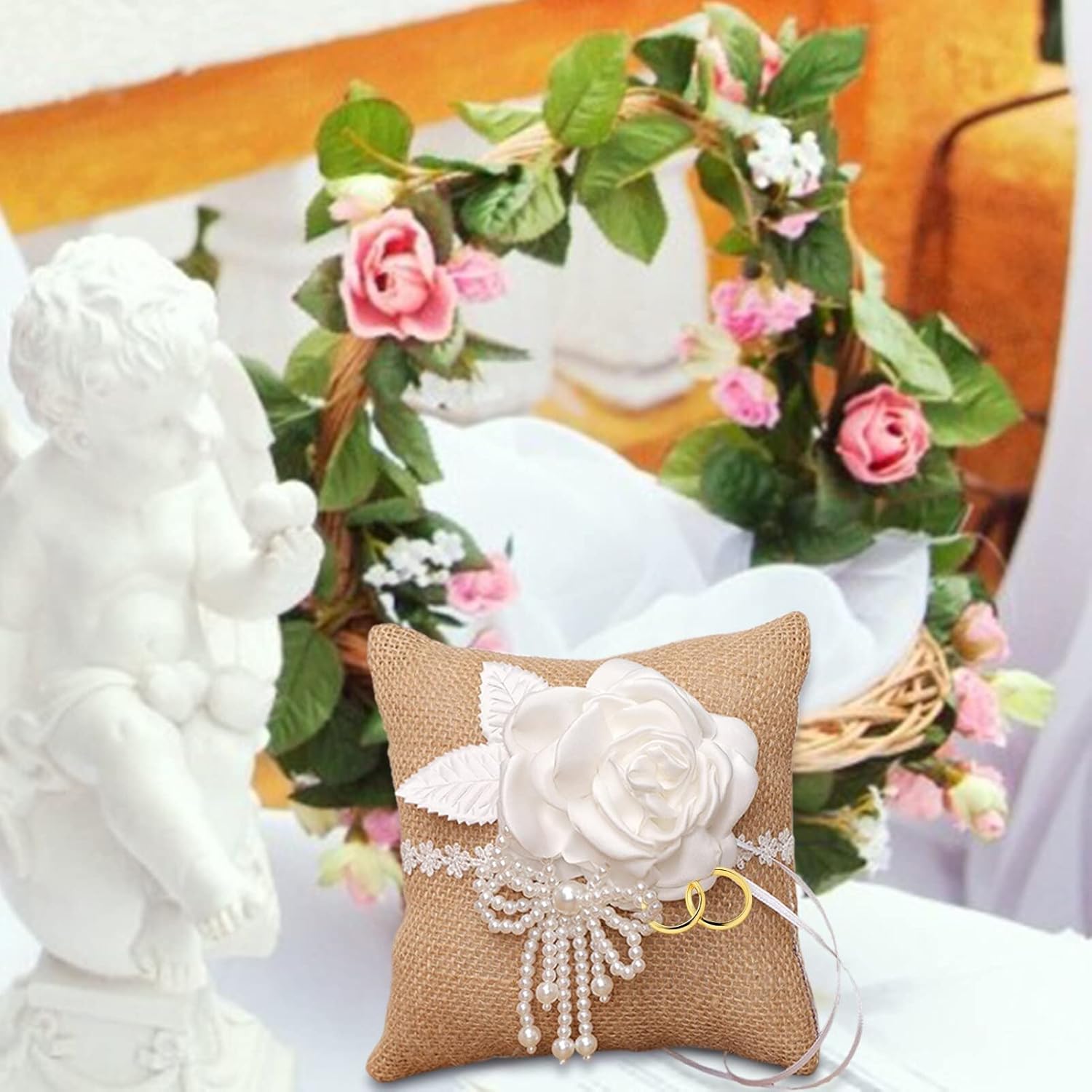 Wedding Flower Girl Basket Wedding Ceremony Flower Basket Linen Retro Pearl Small Cushion Flower Basket Storage Girl Wedding Party Supplies Flower Girl Flower Basket