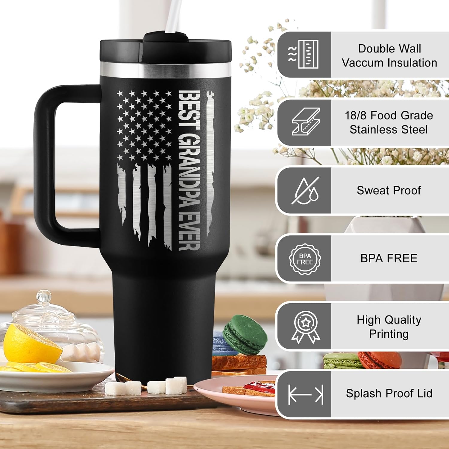 Grandpa Gifts Birthday Gifts for Grandpa Best Grandfather Fathers Day Gift Great Grandfather Gift from Grandkids 40oz Travel Cup Insulated Tumbler with Handle & Straw - Image 2