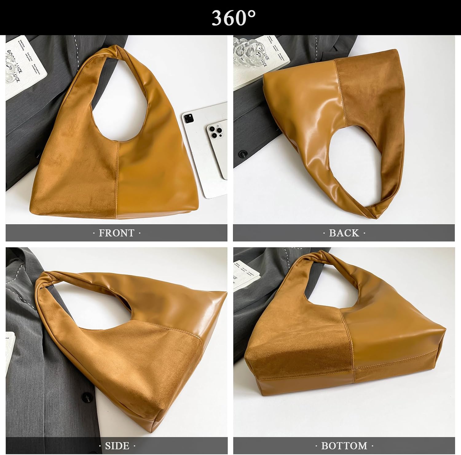 Suede Purse Slouchy Suede Hobo Bags for Women Trendy Splicing Leather Tote Bag Handbag - Image 6
