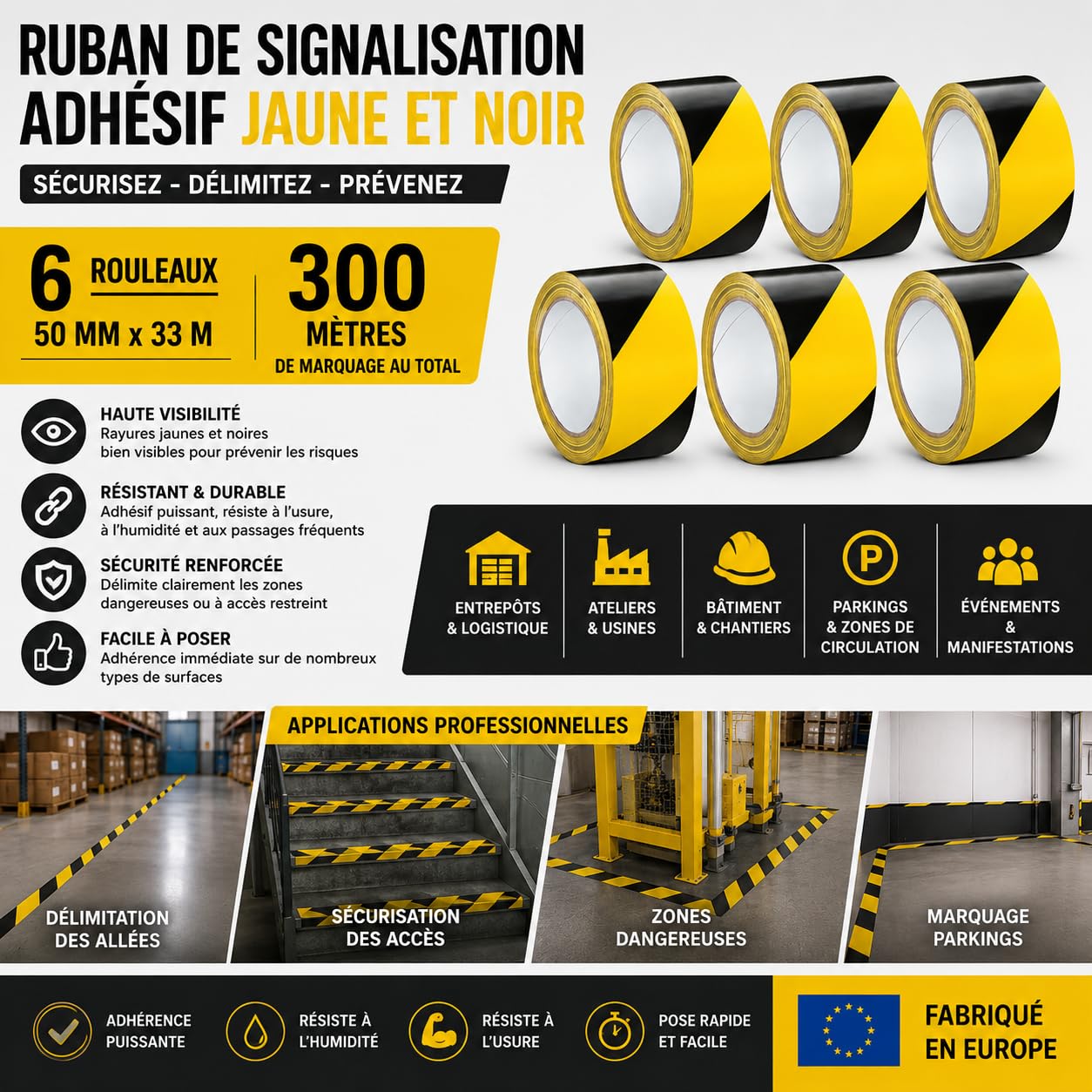 Générique Ruban de Signalisation Adhésif Jaune et Noir X6 – Ruban de Marquage au Sol PVC 50 mm x 33 m – 160 Microns – Haute Résistance – Signalétique Sécurité Entrepôt, Industrie, Atelier et Chantier