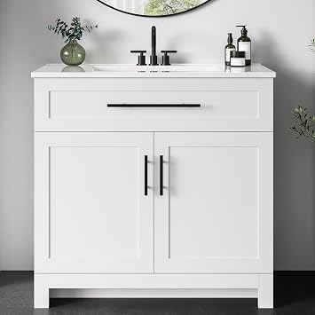 LIKIMIO 36" Bathroom Vanity with Sink, 1 U-Shaped Drawer & 2 Doors, White | Freestanding Bathroom Vanity, Integrated Ceramic Sink, Soft-Close Doors & Drawer, Modern Bathroom Storage Cabinet
