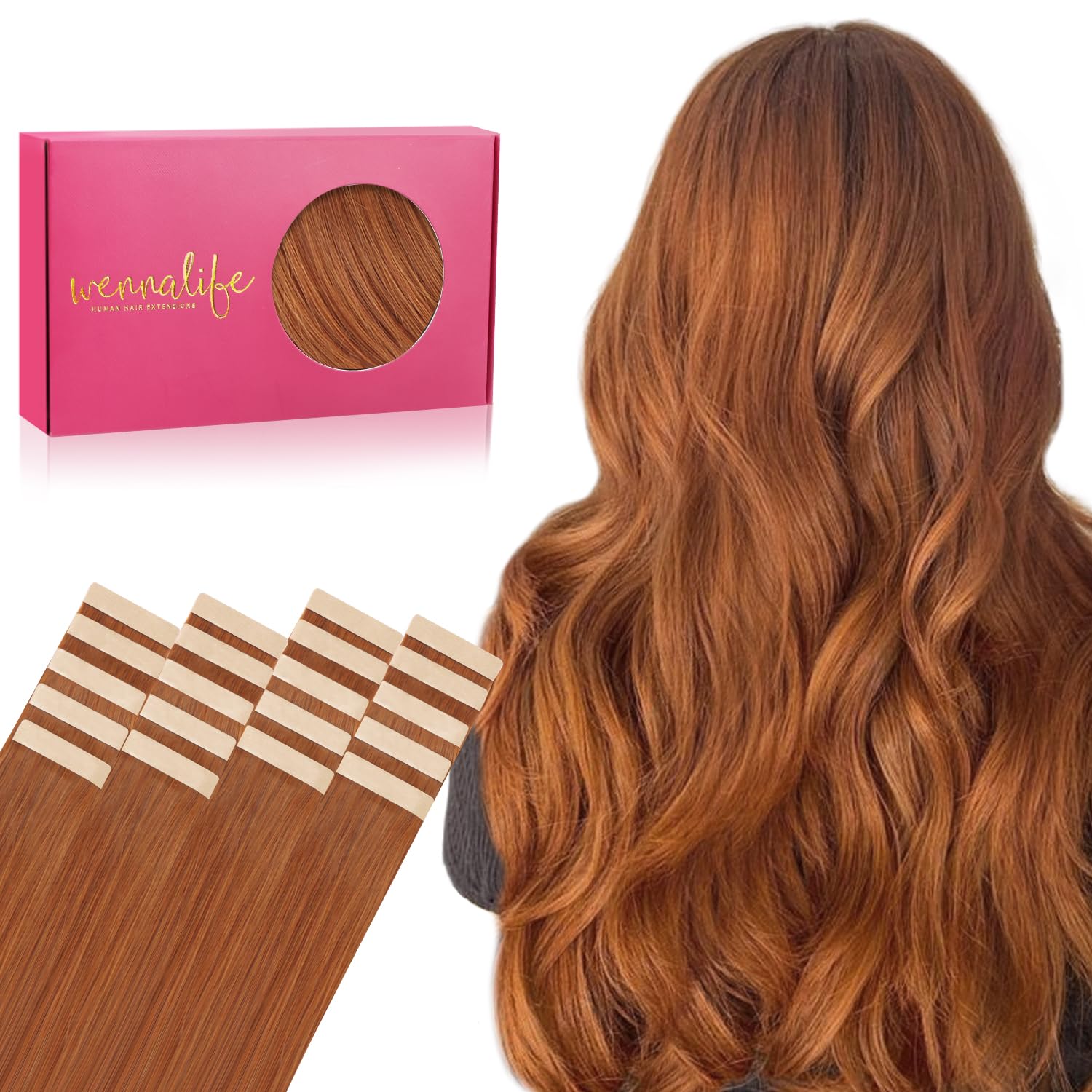 WENNALIFE Tape in Hair Extensions Human Hair, 20pcs 50g 20 inch Dirty Ginger Remy Hair Extensions Straight Human Hair Tape in Extensions Skin Weft