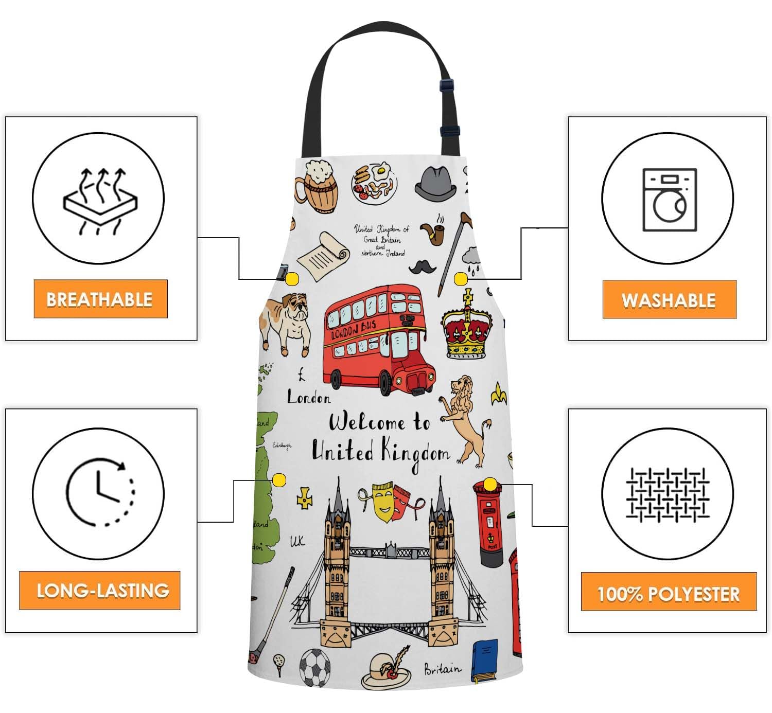 Smooffly London Elements British Symbols Apron Adjustable Apron Cooking Kitchen Chef Women Men Aprons for Home Kitchen Restaurant - Image 4