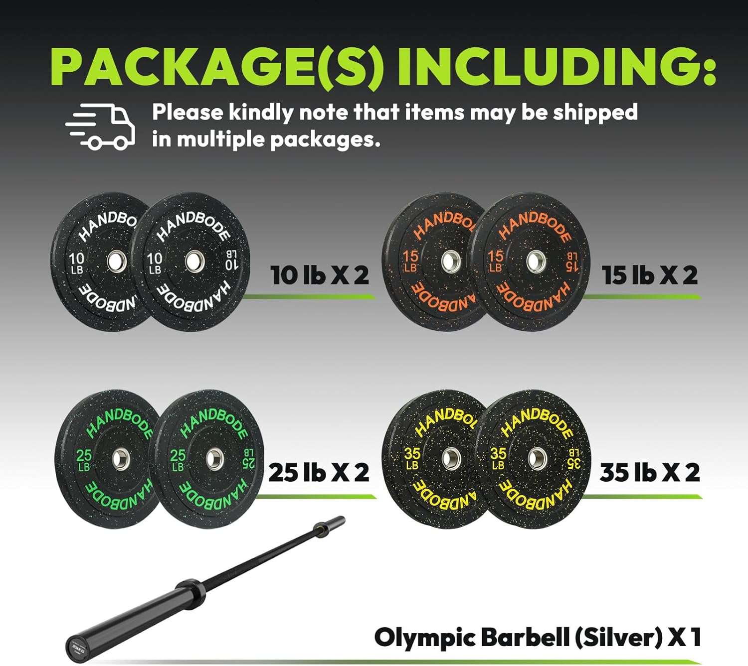 HANDBODE Olympic High-Bounce Bumper Plates Bench Press Barbell Weights Set 2 - Inch, 10-55 lb Rubber Weight Sets for Home Gym, Strength Training Plate Includes 45 lb (20 kg) Black/Silver Barbell