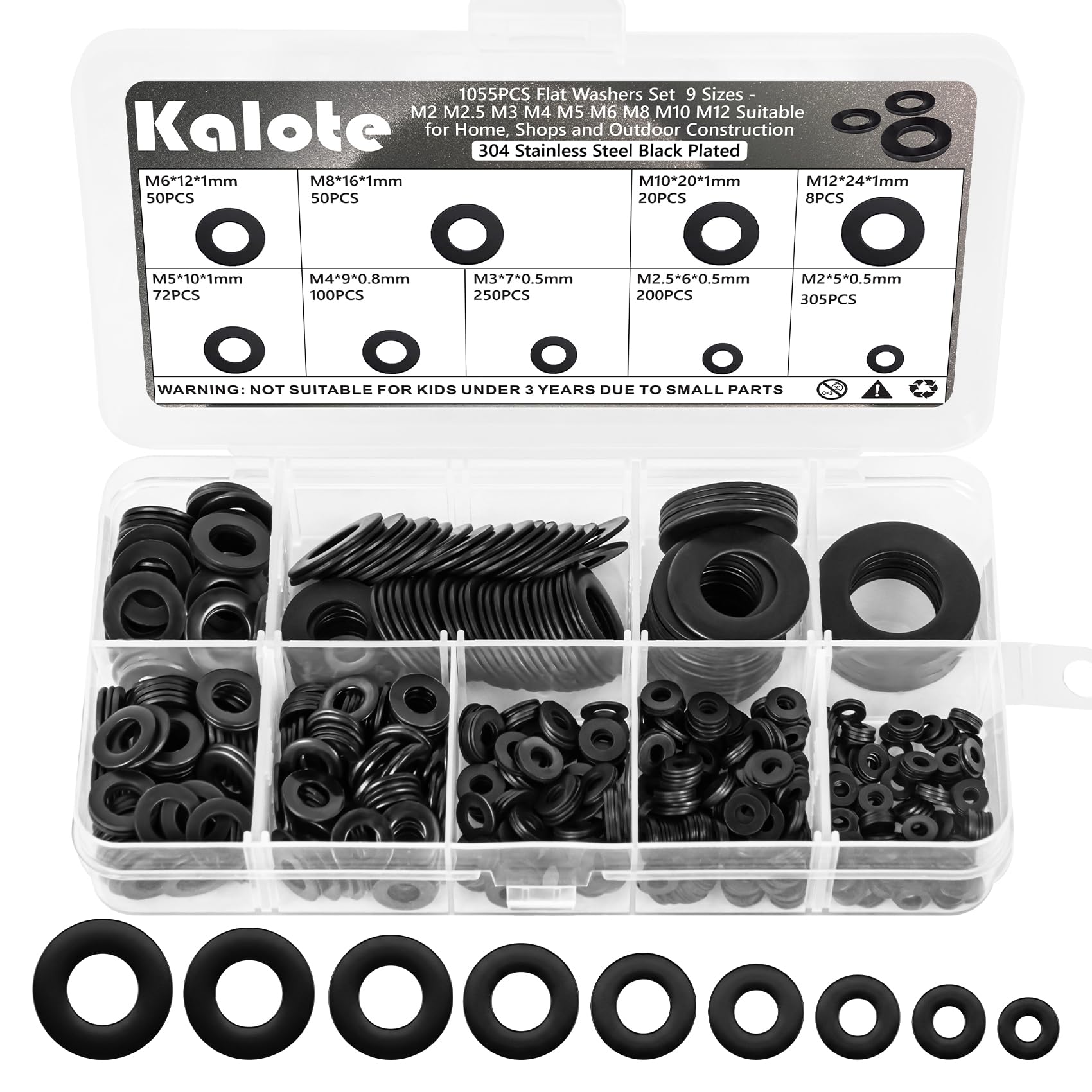Kalote 1055Pcs Flat Washers Kit, 304 Stainless Steel Black,9 Sizes M2-M12