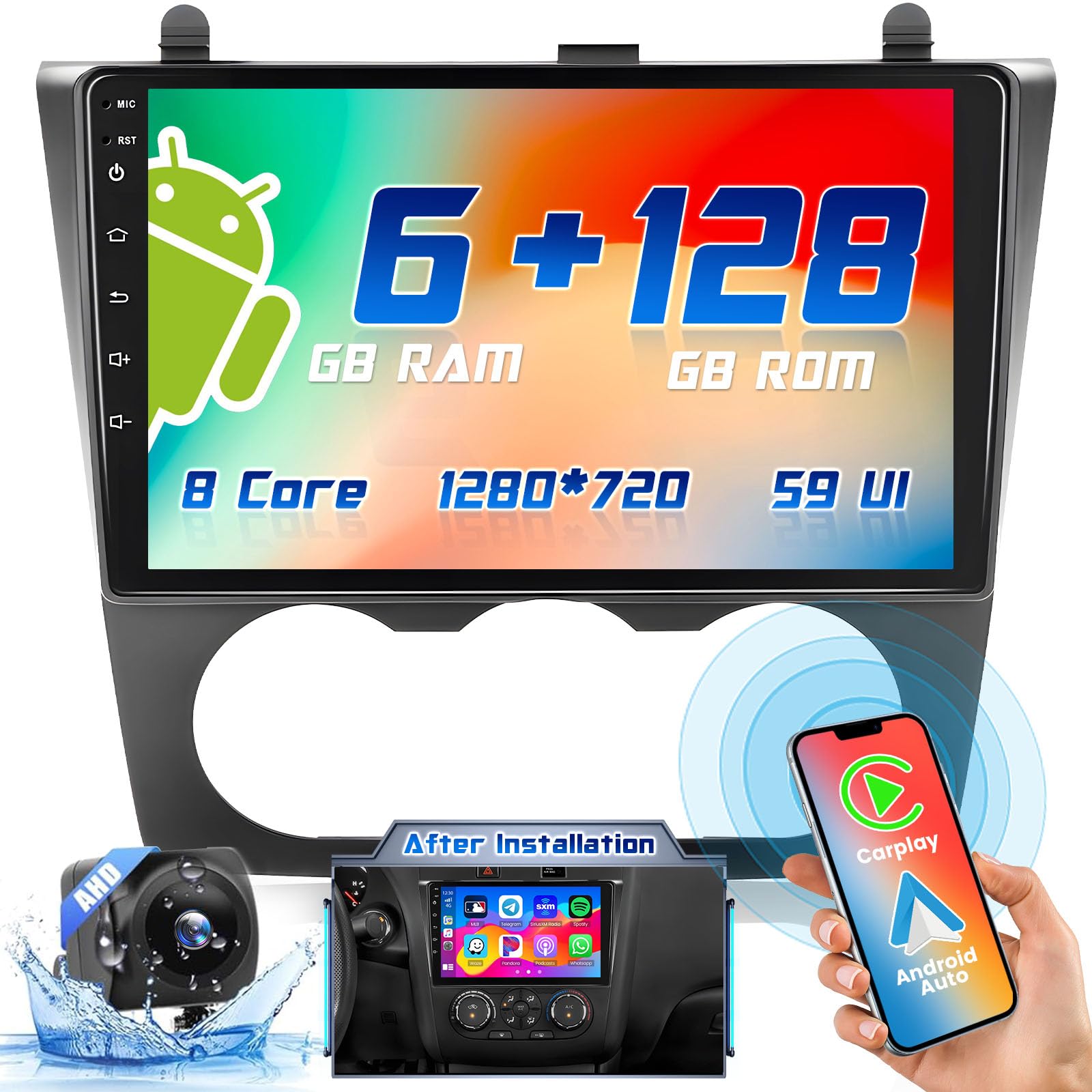 8 Core 6+128GB for Nissan Altima 2008-2012 Manual A/C Android Car Radio Stereo with Wireless Carplay Android Auto, 9" Touch Screen with GPS WiFi FM/RDS BT5.0 32EQ DSP 59UI SWC Backup Camera MIC