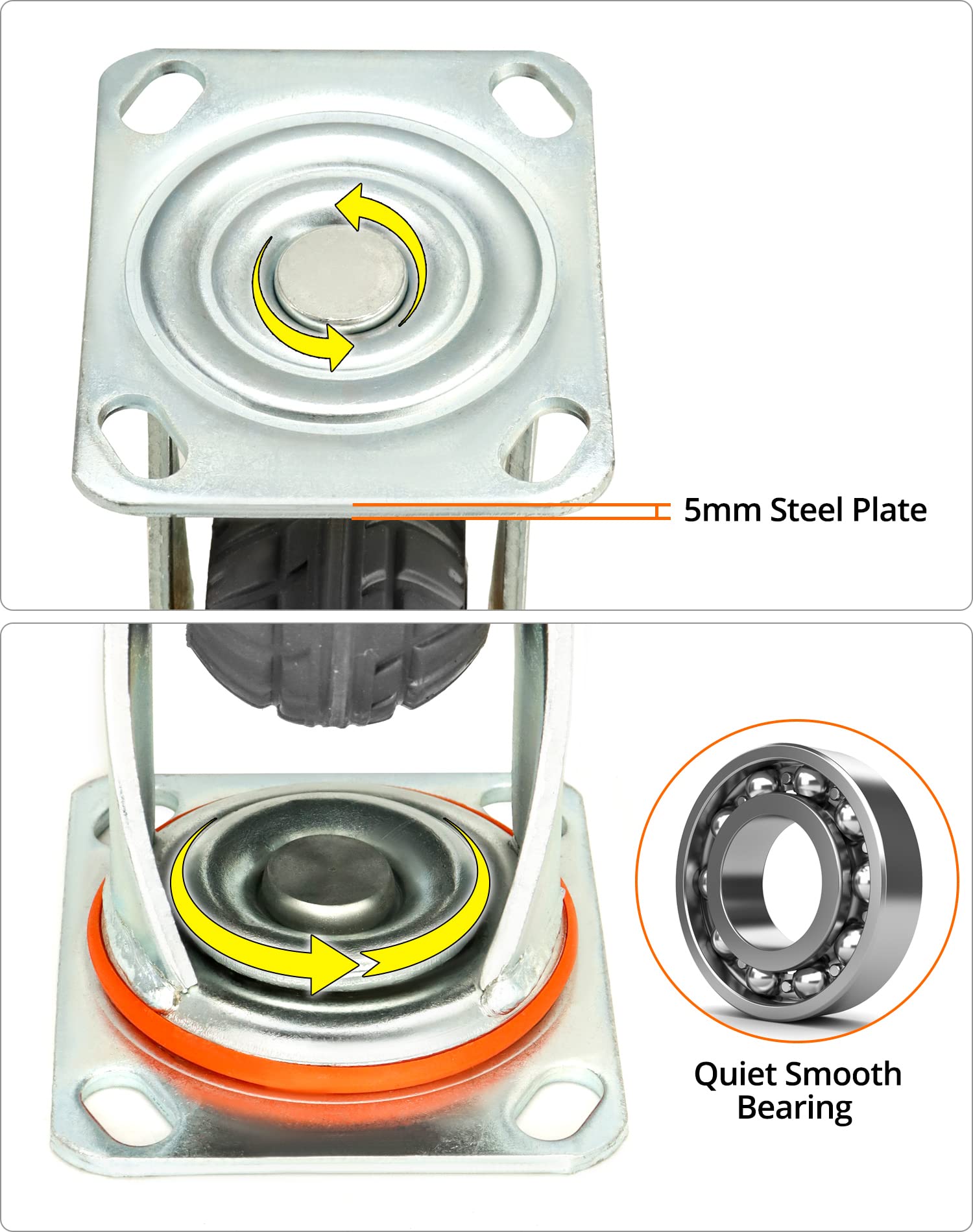 QWORK® 4X Ruote per carichi pesanti 150 mm, Ruote girevoli fino a 250 kg per ruota, per trasporto di mobili e trasporto industriale (2 ruote girevoli + 2 ruote freno)