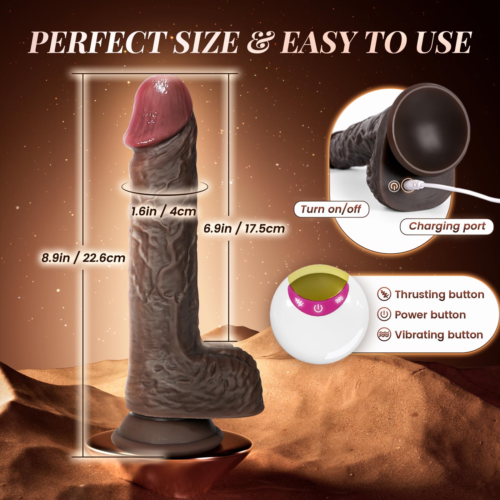Dildo Thrusting Black 22,9 cm grande vibratore extra spesso, rotazione della spinta a tripla azione e vibrazione 8 modalità, dildo anale marrone per uomini giocattoli sessuali per donne coppie gay