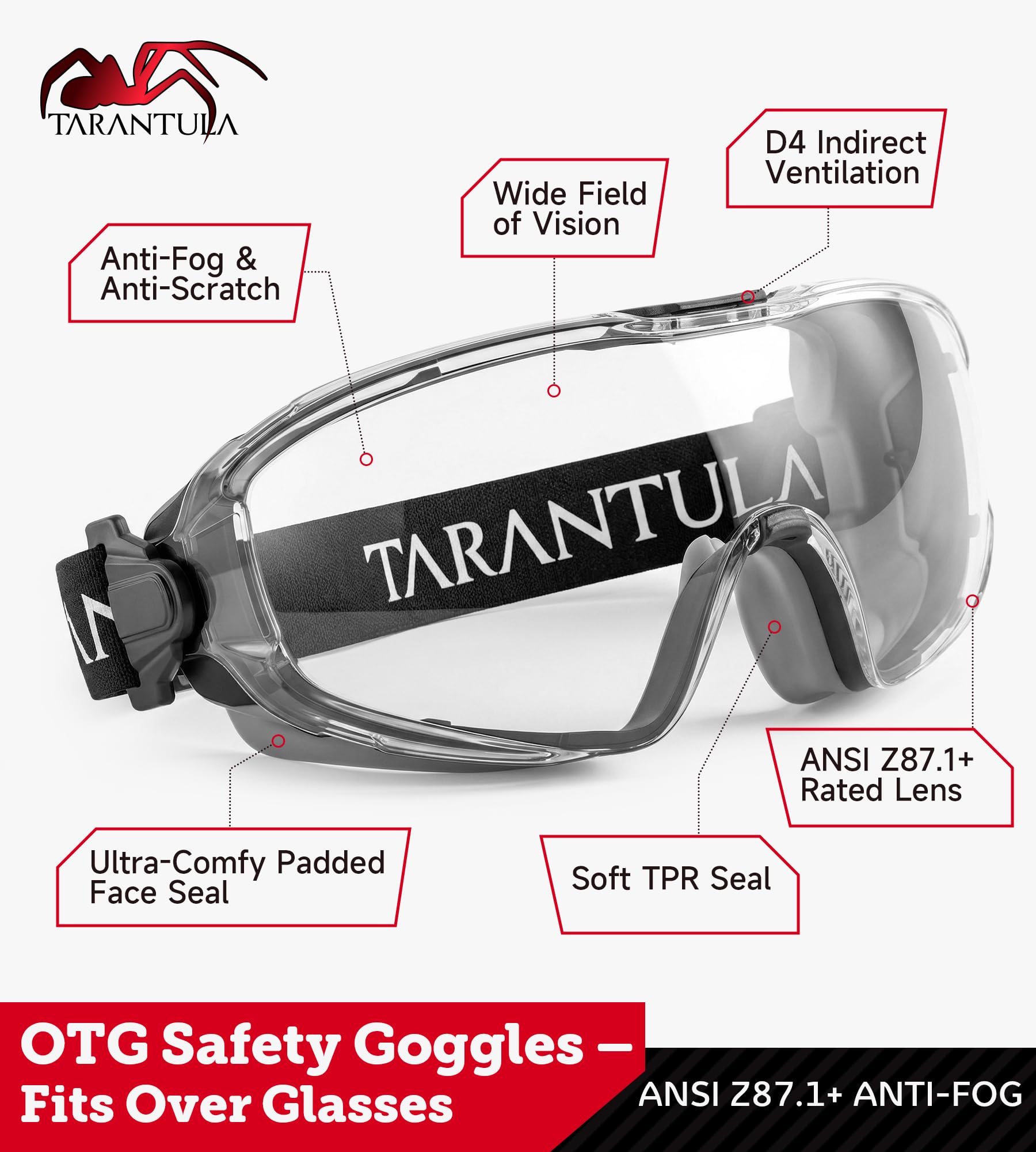 Tarantula ANSI Z87.1+ Occhiali di sicurezza sopra gli occhiali, lenti UV380 anti-appannamento e antigraffio, cinturino regolabile, protezione per gli occhi ad alto impatto, per laboratorio