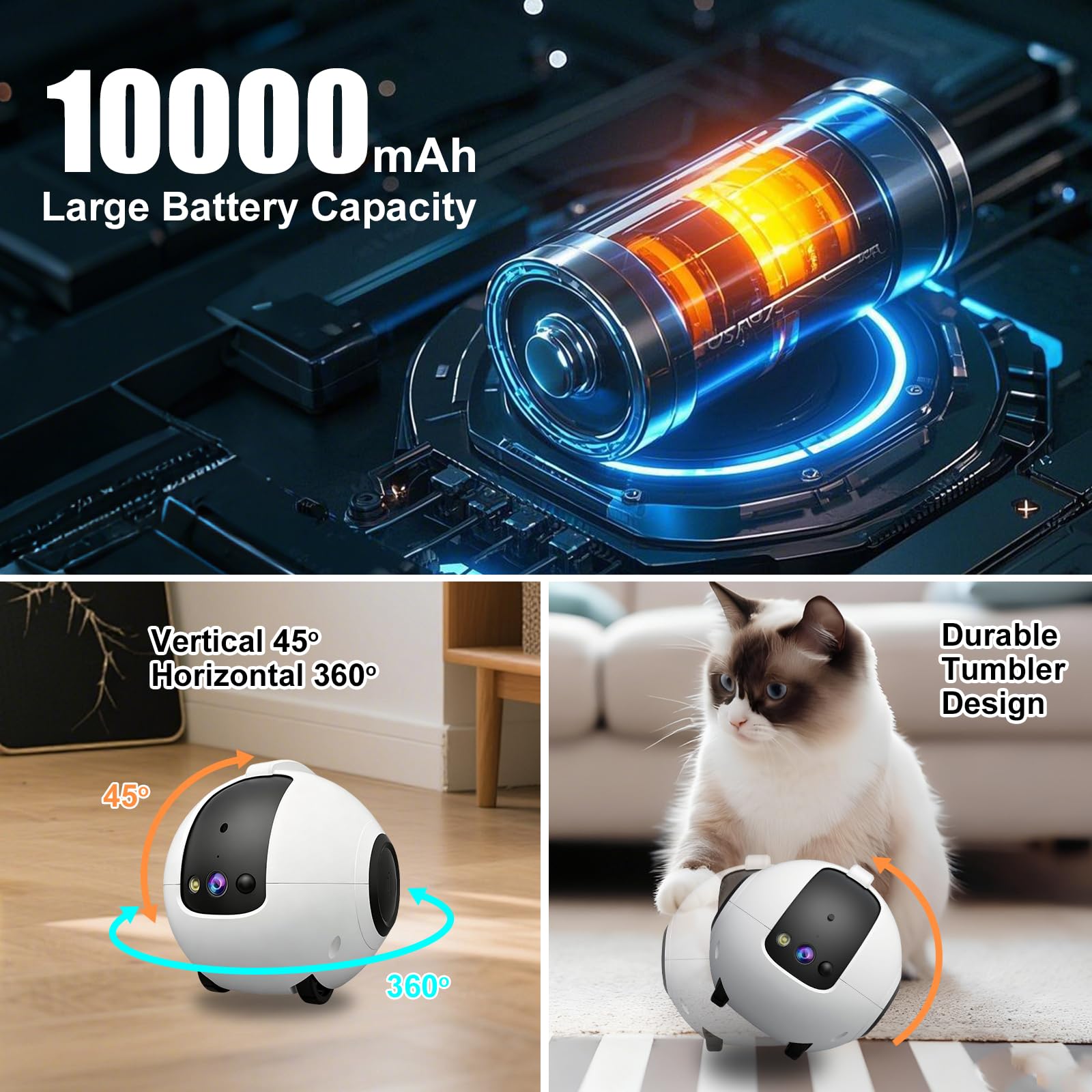 Robot Camera, 2.5K Cámara Robot para Mascotas con Audio 2 vías, Visión Nocturna, Reconocimiento de Movimiento, Grabación de vídeo, Control de Aplicaciones para Gatos, Perros, Bebé, Ancianos