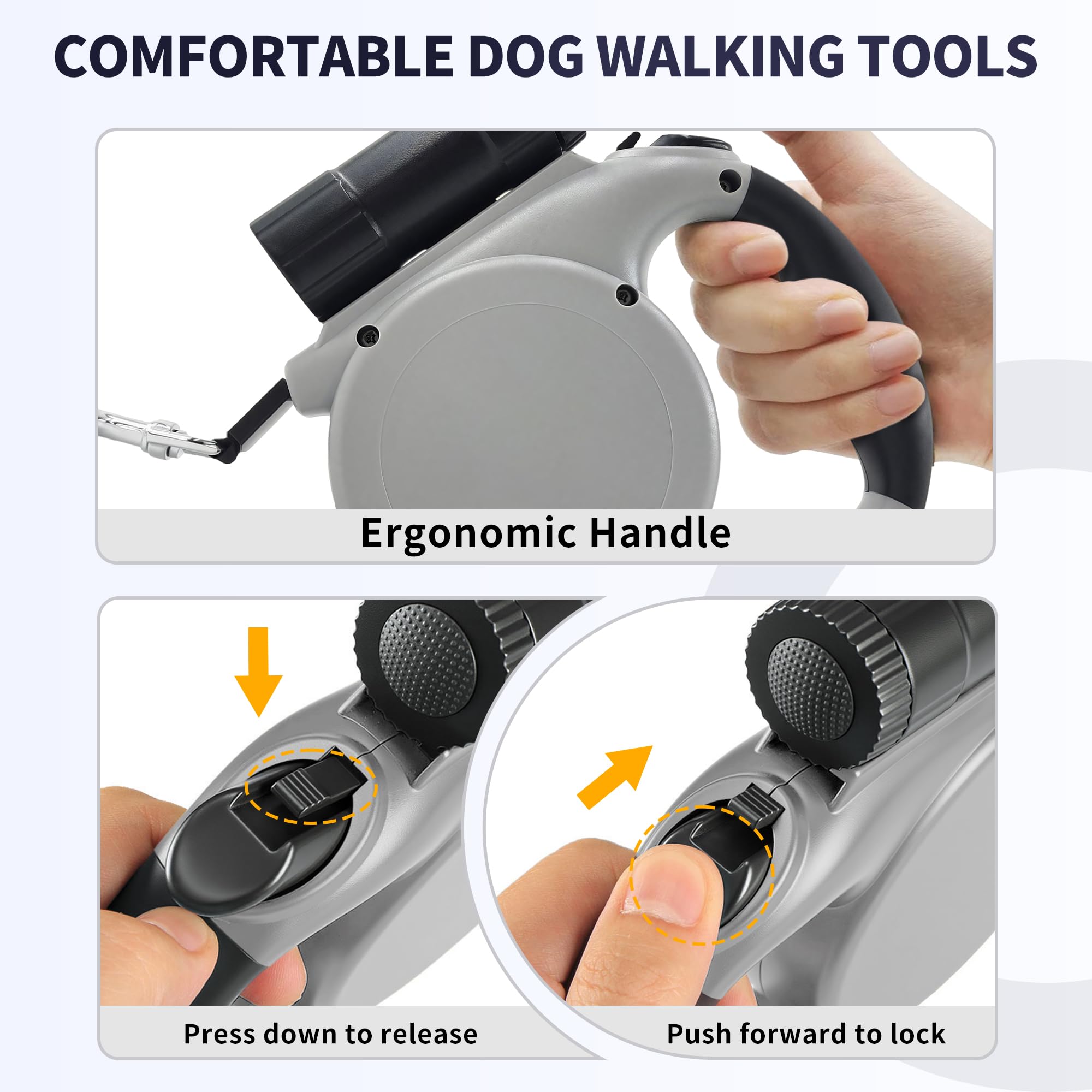 Laisse rétractable pour grand chien avec lampe de poche amovible et distributeur de sacs à déjections canines