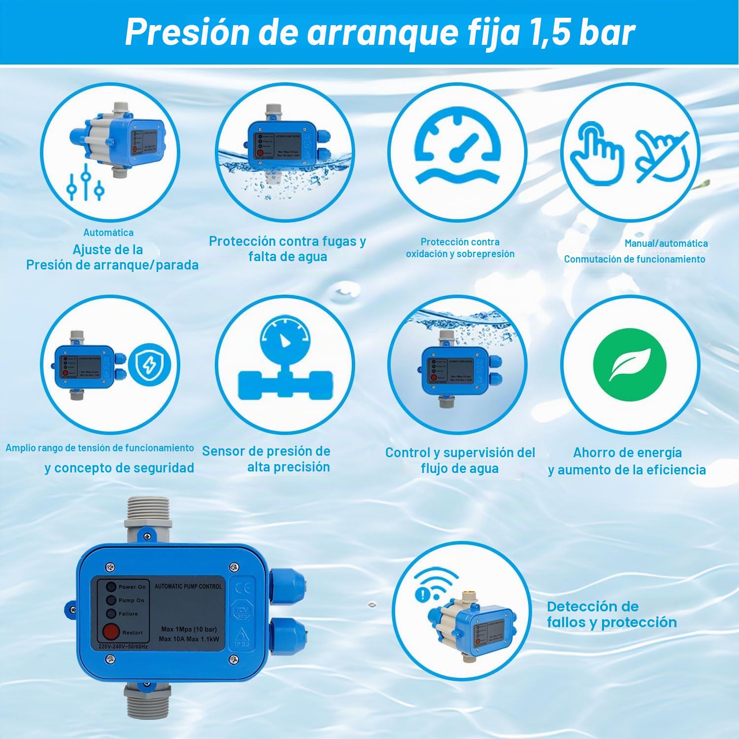 Control electrónico de la bomba 1100 W 4800 l/h - Presostato para agua - Controlador de presión de 10 bar - Interruptor de presión IP65 para bombas de agua - Supervisa el flujo de agua (1,5