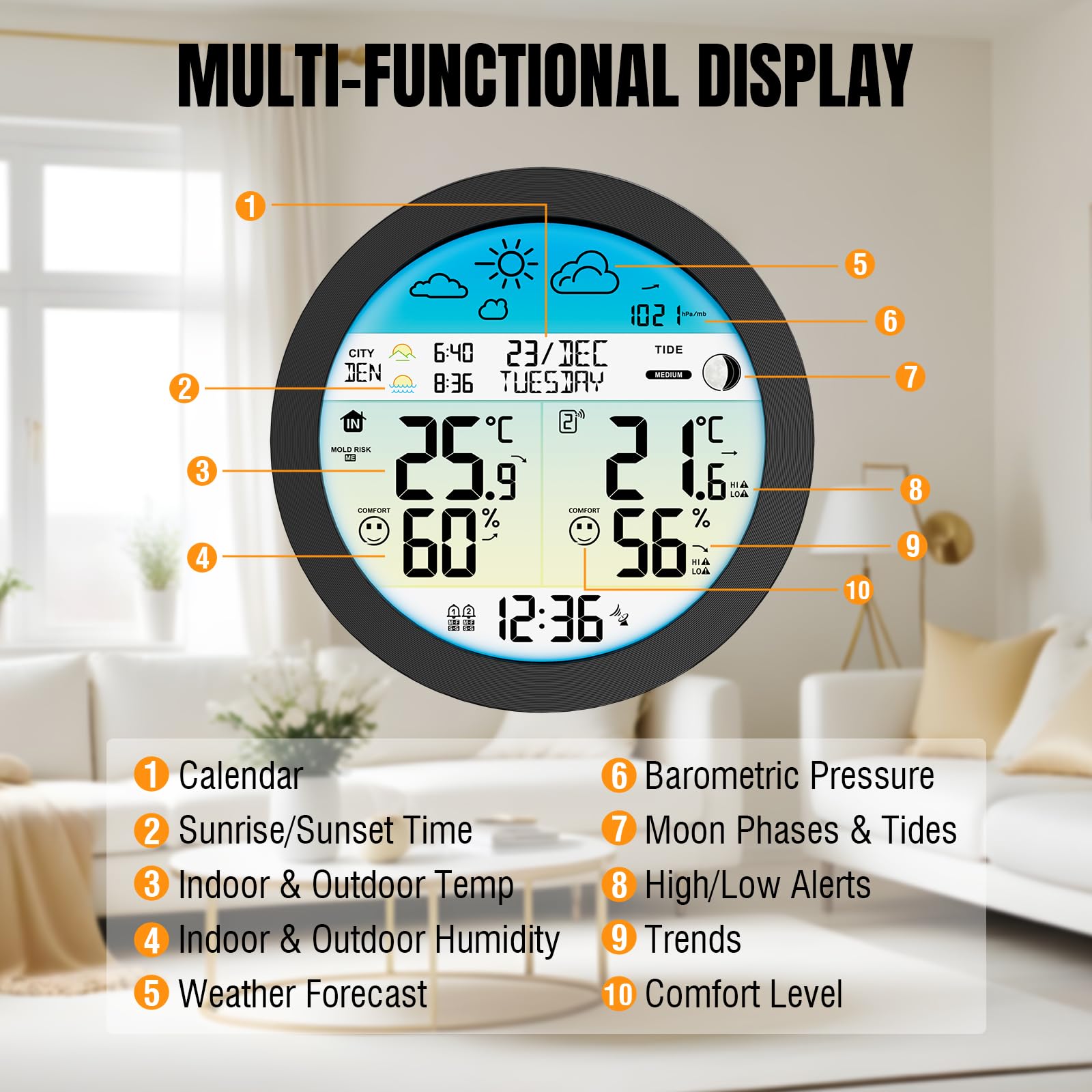 Raddy DT7 Stazione Meteo Senza fili con Sensore Esterno, Stazione meteorologica con ampio display a colori HTN, orologio DCF, doppi allarmi, previsioni meteo, avviso gelo