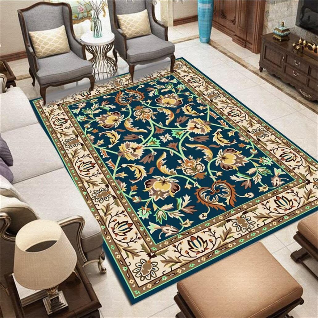 Moquette intérieure tapis floral vintage bleu 150x200cm lavable et durable