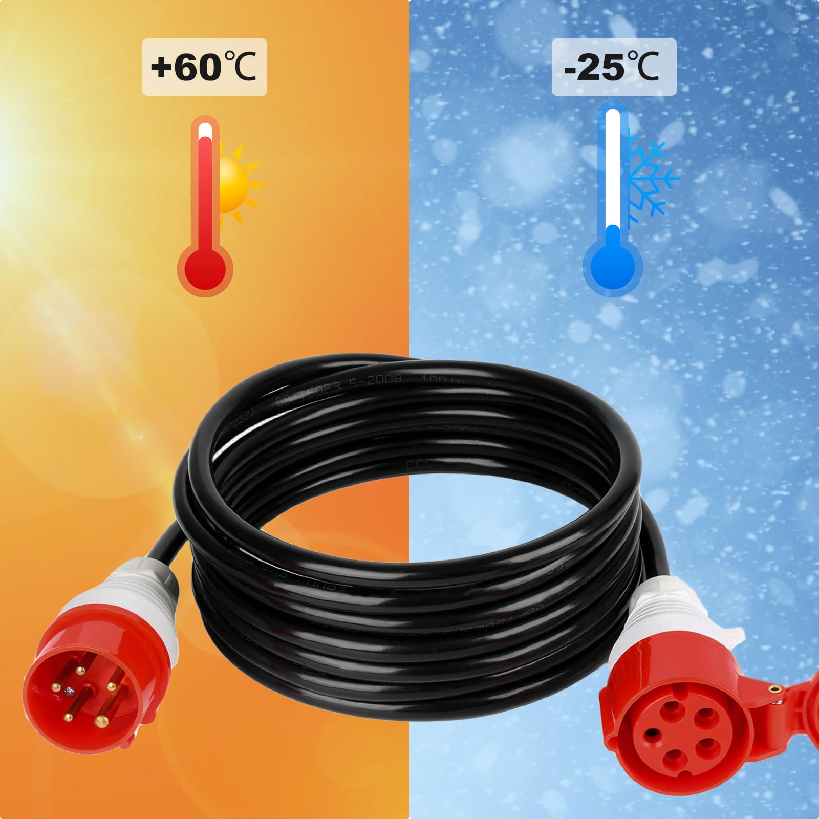 TEOV Cable alargador CEE 5 m, IP44 5G, 2,5 mm², cable de alimentación de goma, 400 V, 16 A, cable de alimentación CEE para obras, comercios, exteriores y agricultura
