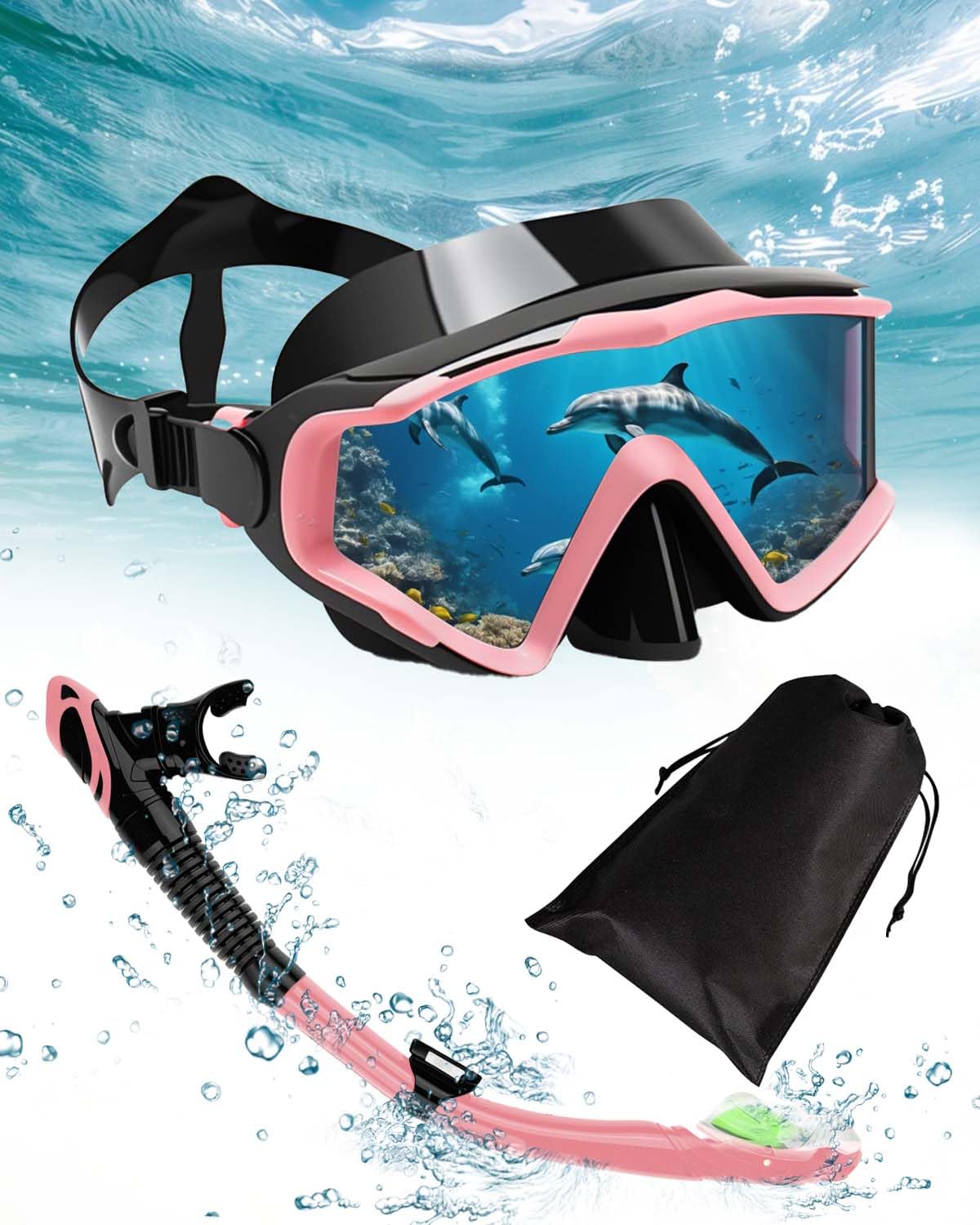 Lorrtta Adult Snorkelling Set with 180° Wide View Mask and Dry Snorkel, Anti-Fog Tempered Glass Snorkel and Mask – Black Pink