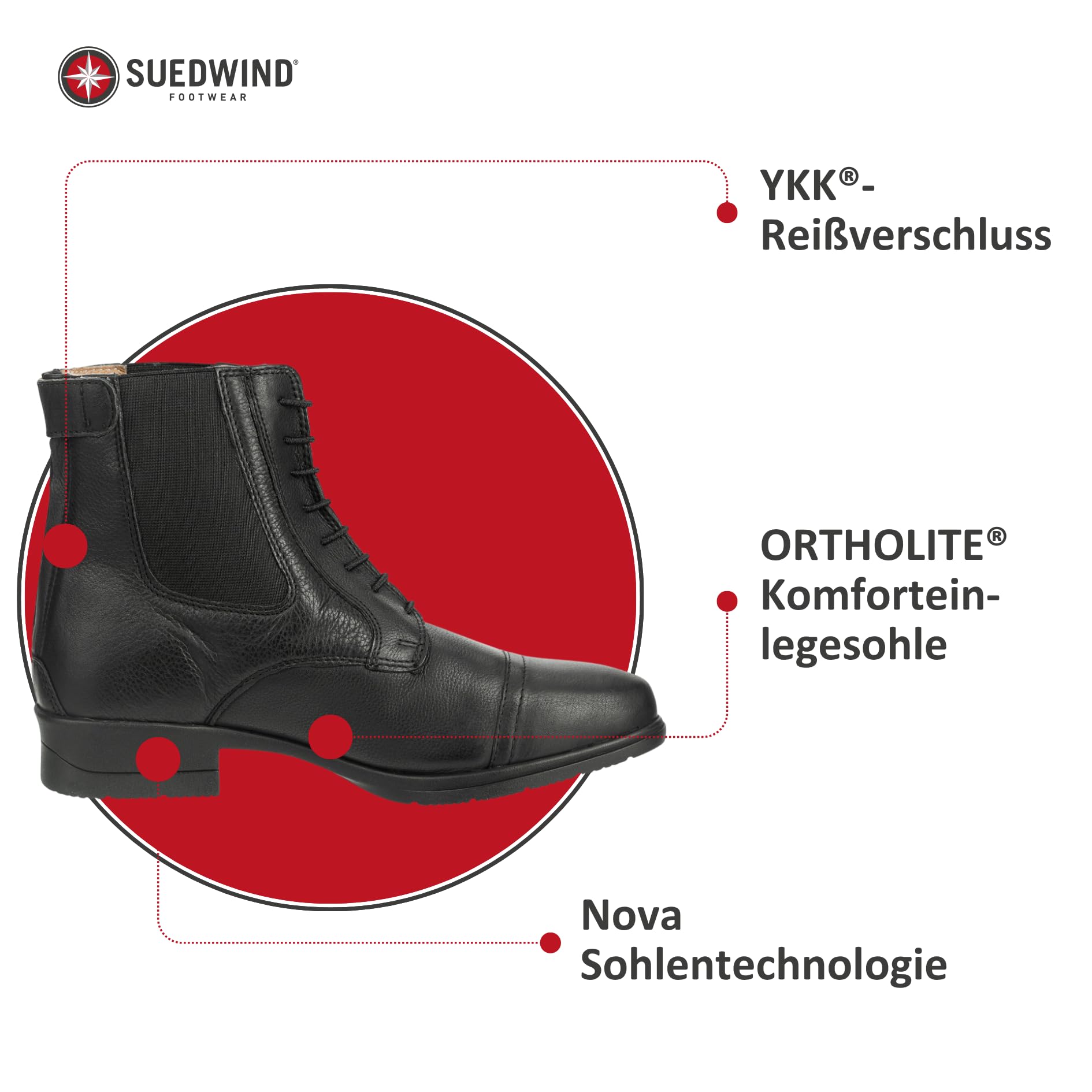 SUEDWIND FOOTWEAR Reitstiefeletten Nova Soft BZ Lace - Rindsleder Reitschuhe – Unisex Paddock Stiefeletten m. Schnürung, Mesh-Lining, Nova-Gummisohle & Reißverschluss hinten – schwarz – 25-46