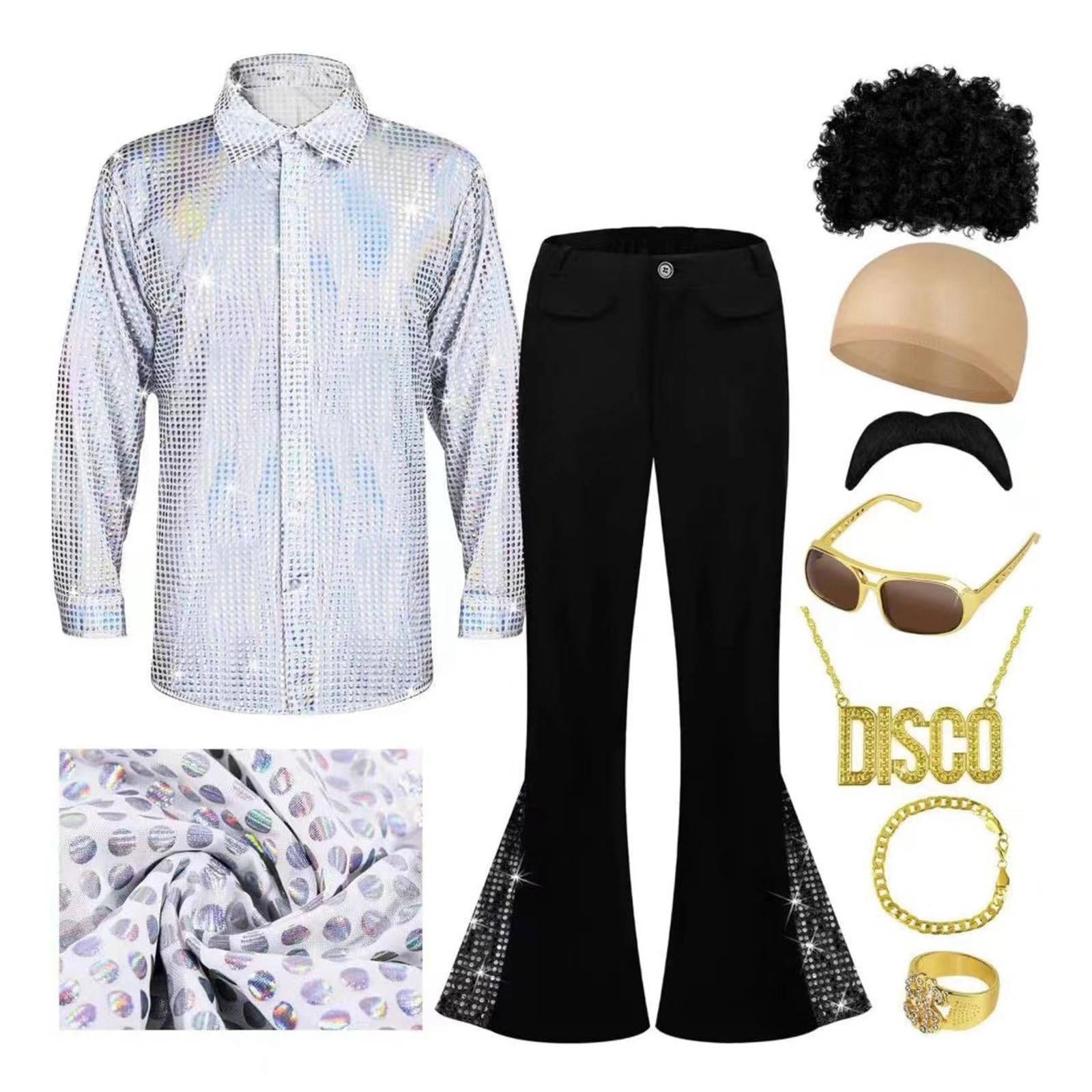 Generisch 70Er Jahre Disco Kostüm Set Für Herren 9 Teilig Hemd Schlaghose Erücke Sonnenbrille Halskette Und Schnurrbart Perücke Haube Armband Ring Faschingskostüme 60S 80S Party
