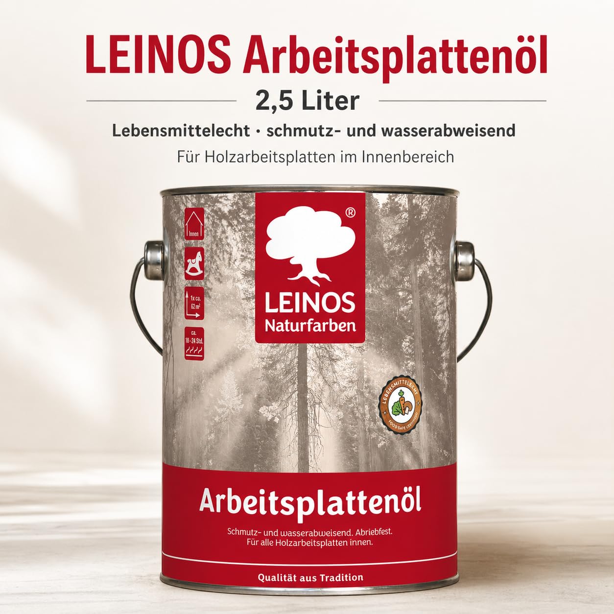 LEINOS 280 Arbeitsplattenöl 2,5 l Dose – lebensmittelecht, Öl für Küche | Imprägniert & schützt Holz nachhaltig gegen Schmutz & Feuchtigkeit – fleckenbeständig gegen Kaffee, Rotwein & Fruchtsäfte