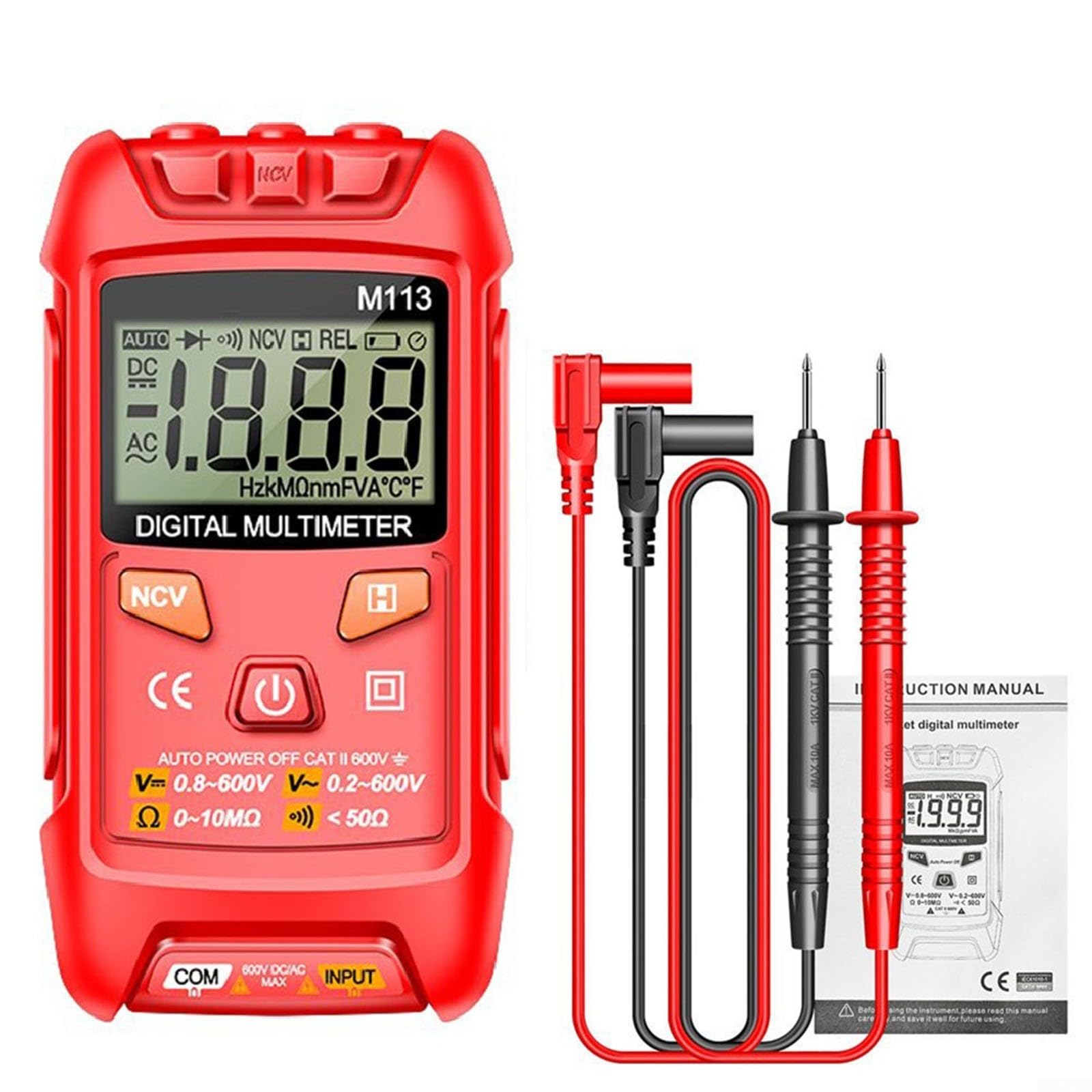 M113 Auto-Ranging Digital Multimeter AC/DC Voltage Tester with NCV Detection and Data Hol(Red)