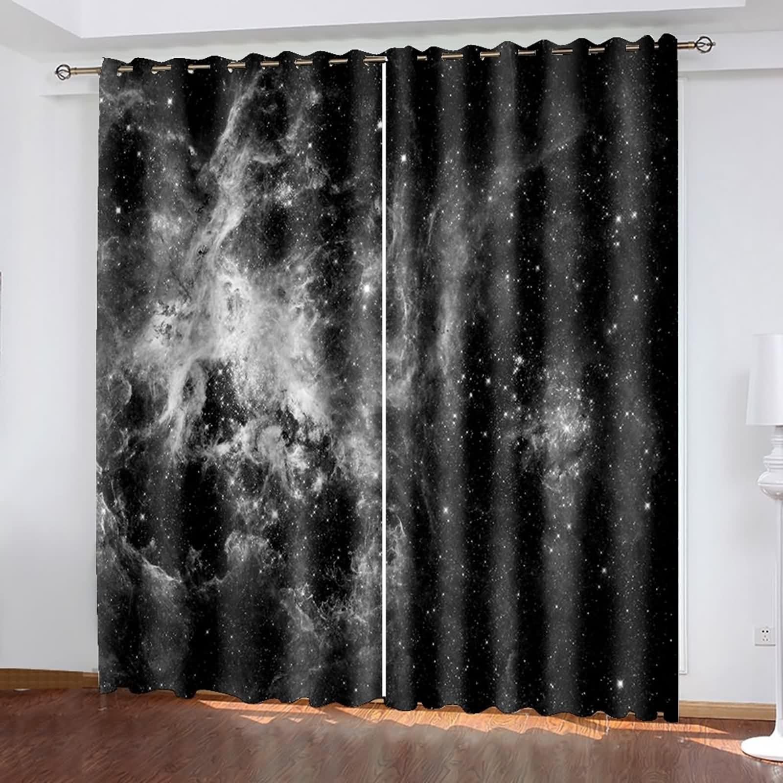 Zasłony okienne, zasłony zaciemniające, ciemnoszare, poliester, gwiaździste niebo, krajobraz, zestaw 2 sztuk, szer. 244 x wys. 274 cm