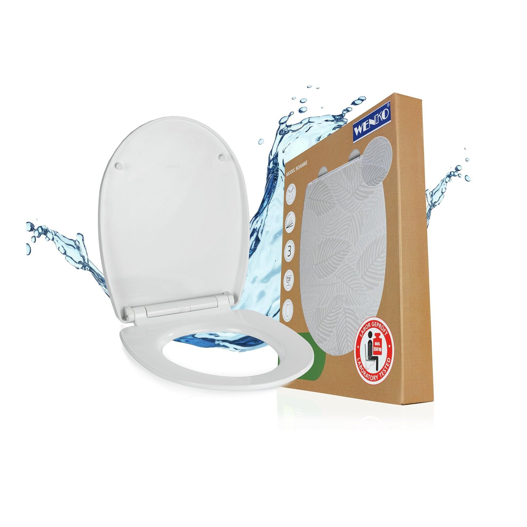 WENKO WC Sitz Mod. Roanne, Toilettendeckel mit Absenkautomatik, Relief-Druck und Blätter-Motiv, hohe Belastbarkeit bis 350 kg, abnehmbar, Klodeckel aus bruchstabilem Thermoplast, oval
