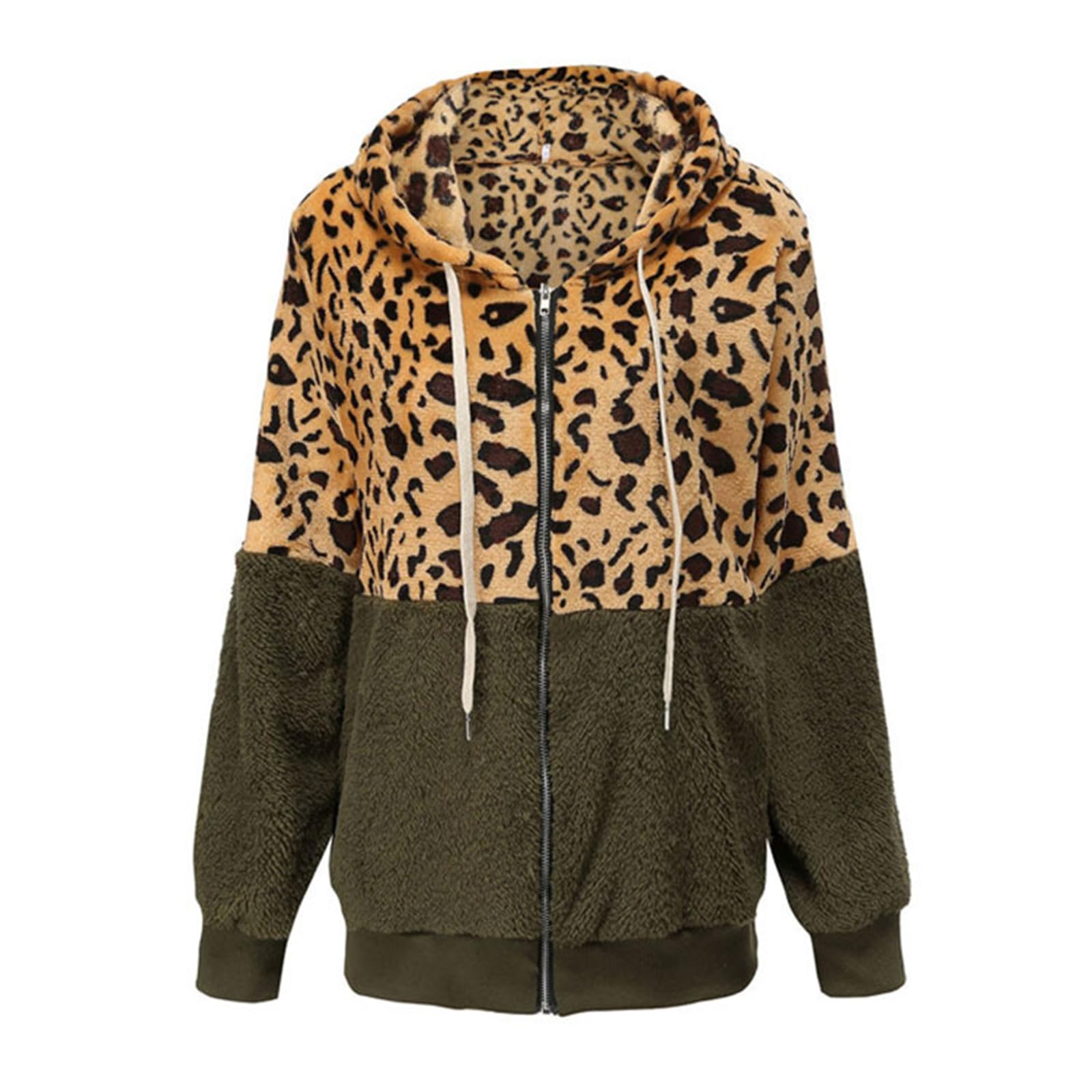 Damska flanelowa lampart nadruk patchworkowa bluza z kapturem, sztuczny polar z zamkiem błyskawicznym oversize kurtka Sherpa otwarty przód kardigan odzież wierzchnia