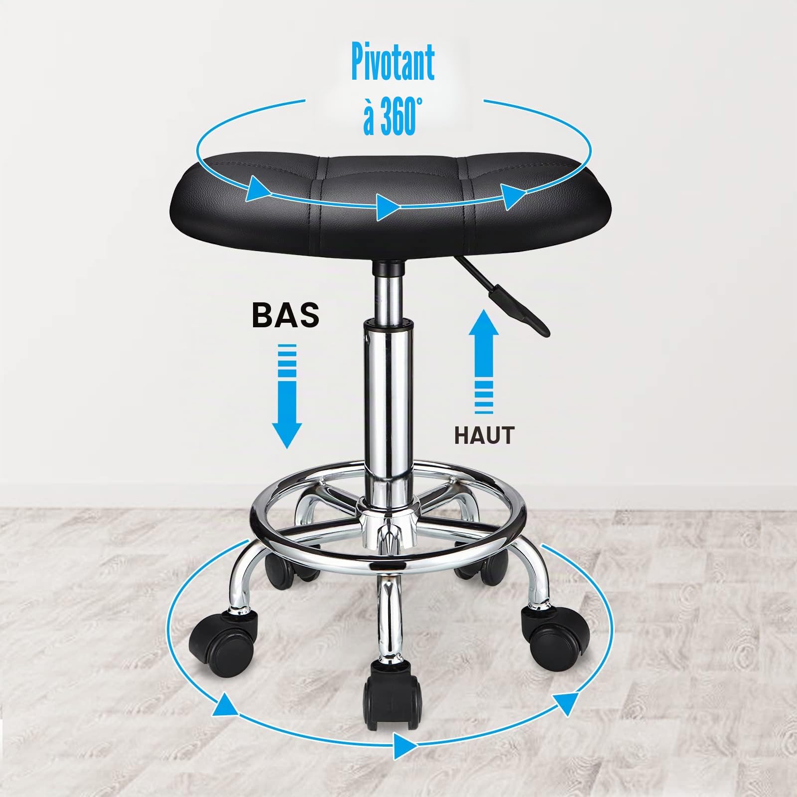 HMTOT Tabouret à roulettes carré pivotant à Hauteur réglable Noir