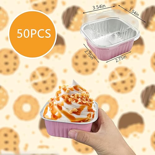 Miniatura 2 de 50 tazas cuadradas de papel de aluminio para hornear con tapas, moldes desechables de 5 onzas para tartas, recipientes para hornear cupcakes para