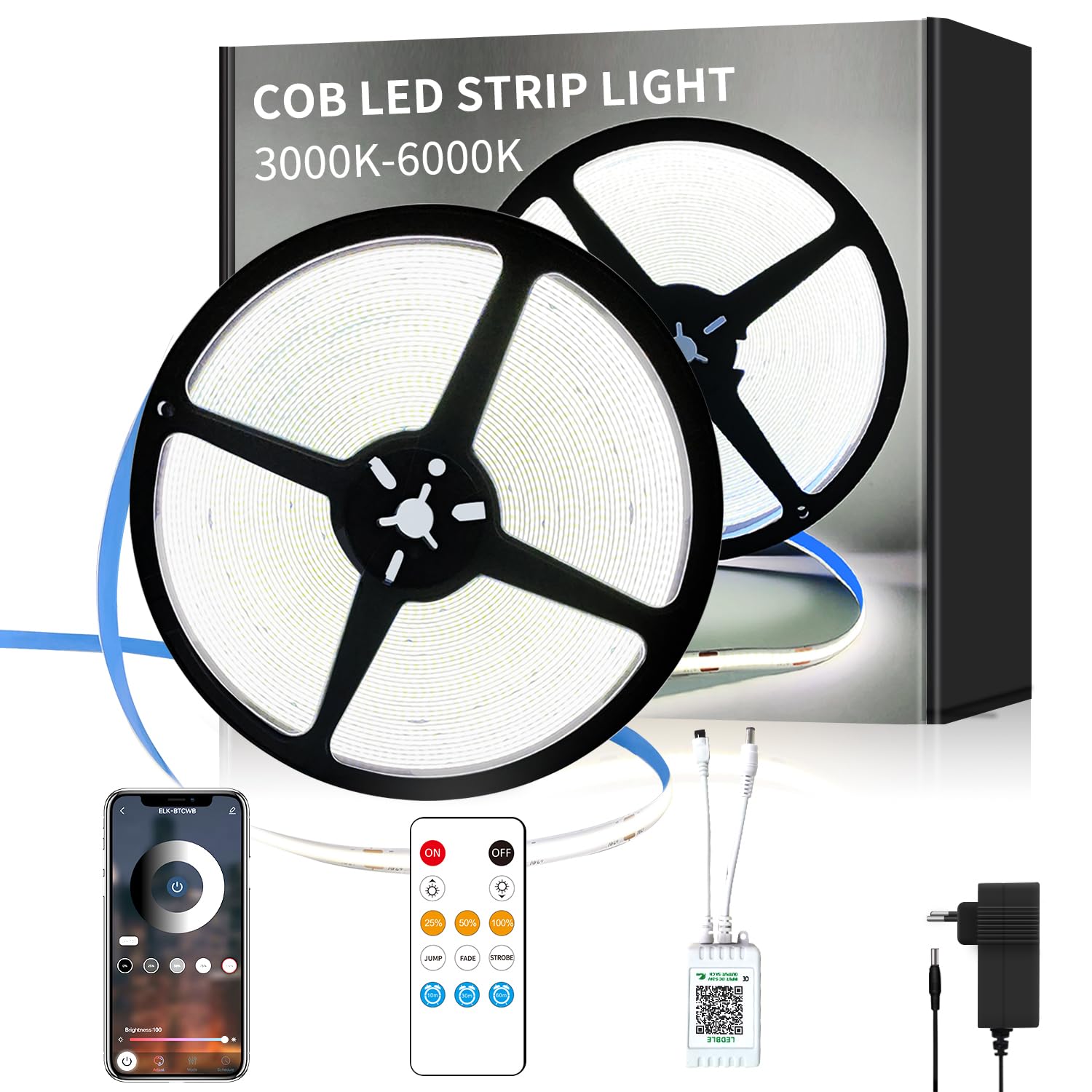 cob Led strip 10m,mit Fernbedienung,APP Steuerung,DC24V 6000k Weiß LED band,flexible Dimmbar COB LED Streifen,anwendbar auf Schlafzimmer, Raum,Schrank,DIY Dekoration
