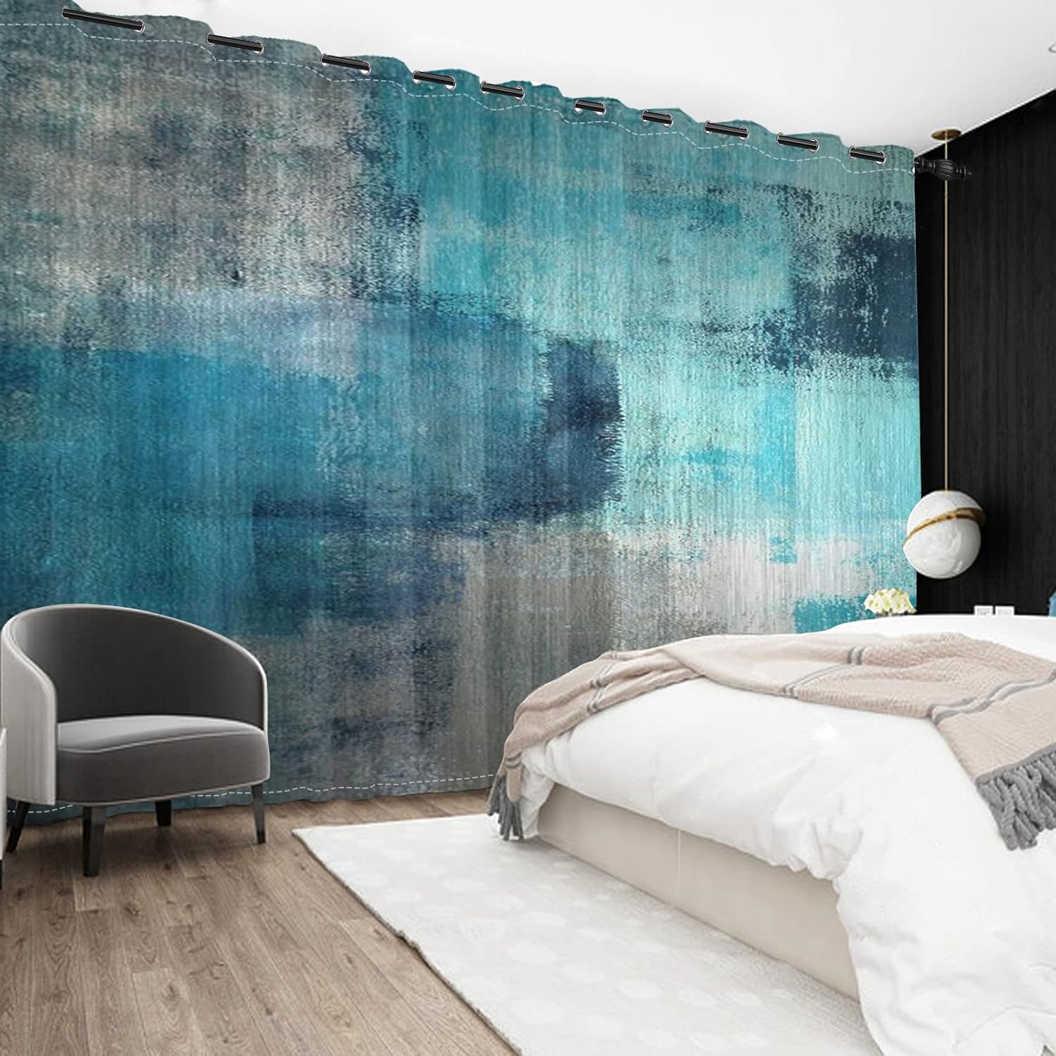 Yeele 42x63inches Turquoise Grey Abstract Curtains Blue Teal Aqua Gray Modern Art Painting Window Treatment Drapes Blackout Thermal Insulated Grommet Window Curtains for Living Room Bedroom 2 Panels