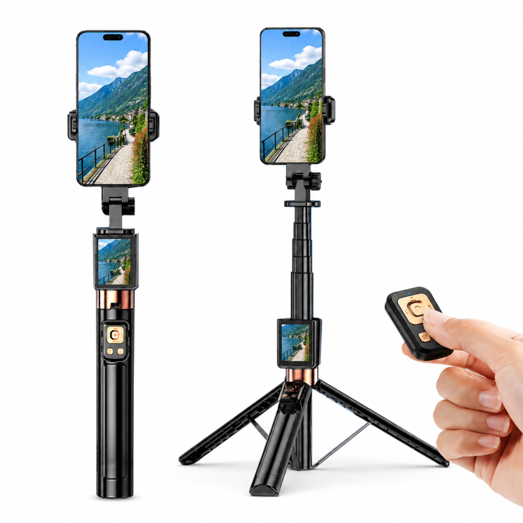 Selfie Stick per Telefono con Schermo Monitor e Telecomando Bluetooth, Treppiede Estensibile da 12-67 Pollici per Vlogging con Fotocamera Posteriore, TikTok Live, Nessuna App HD Mirroring,