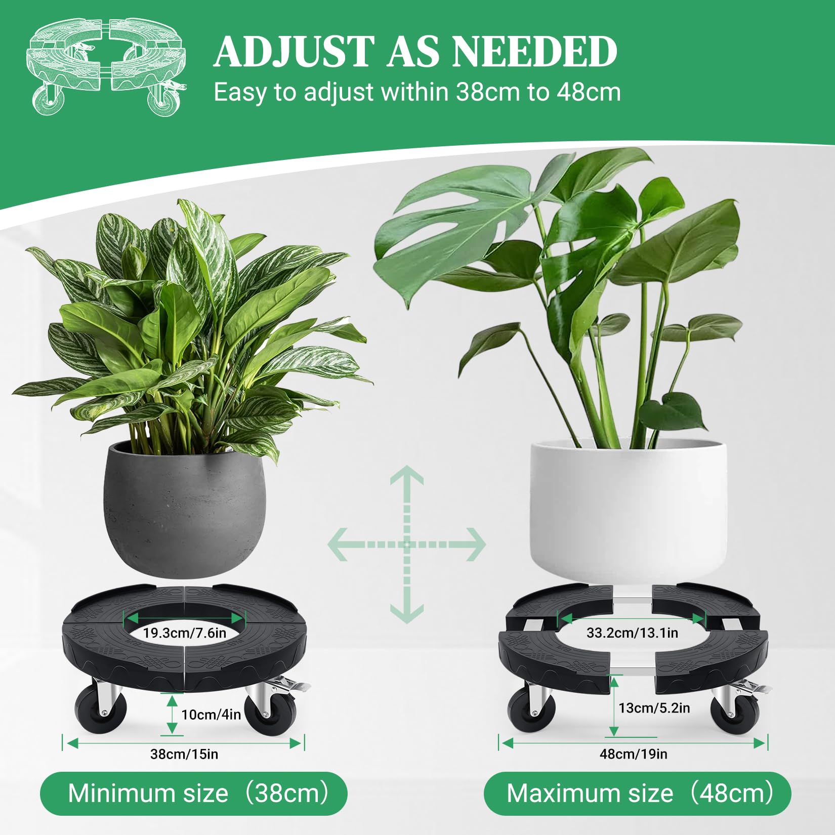 Sottovaso Rotondo per Vasi Pesanti Regolabile da 38CM-48CM, Portavasi da Interno e Esterno con 4 Ruote PE e Tubo in Acciaio Inox Capacità 220KG, Base con Ruote per Ombrelli e Alberi,2 Pezzi