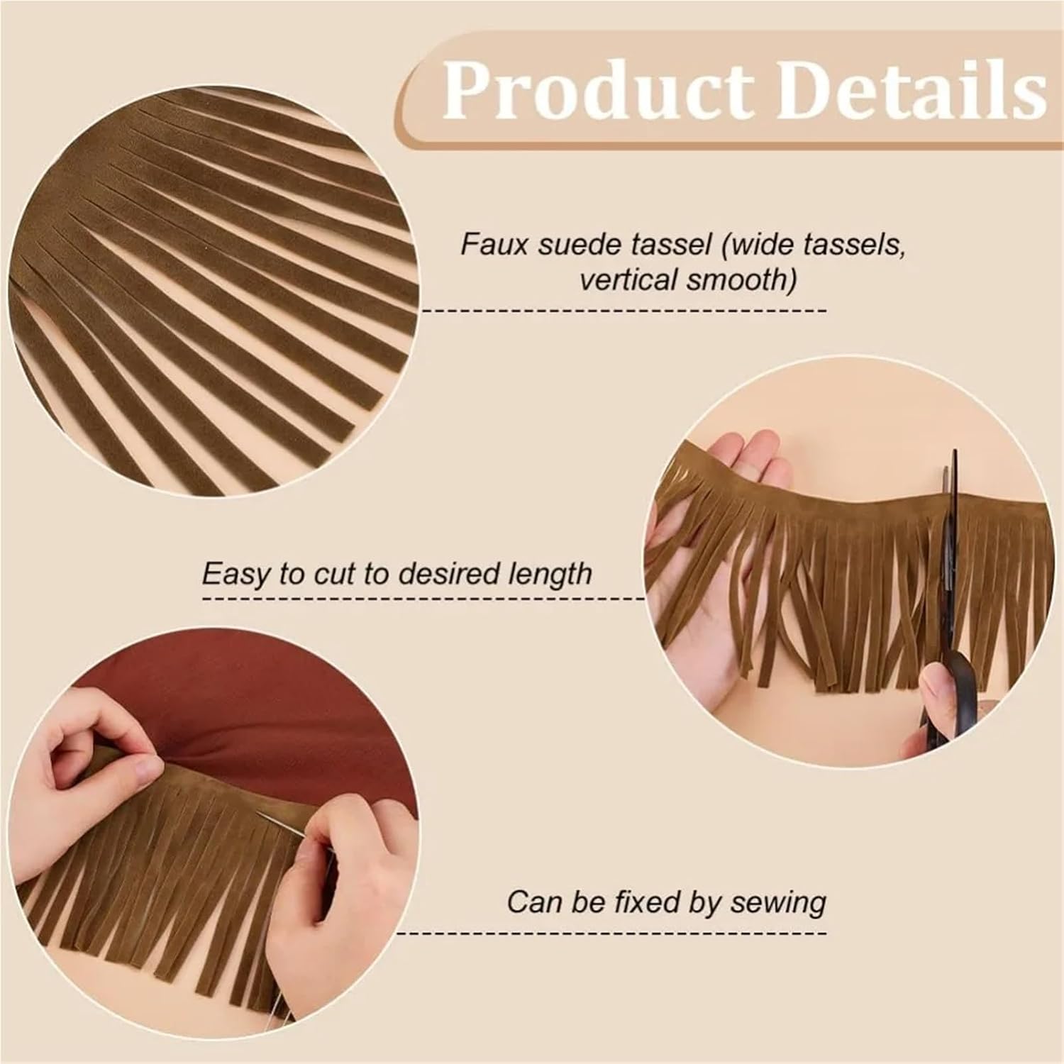 Suede Faux Leather Tassels 4.37 Yard PU Leather Suede Fringe Trim 3-7/8 Inch Wide Camel Double Side Sewing Tassel for DIY Craft