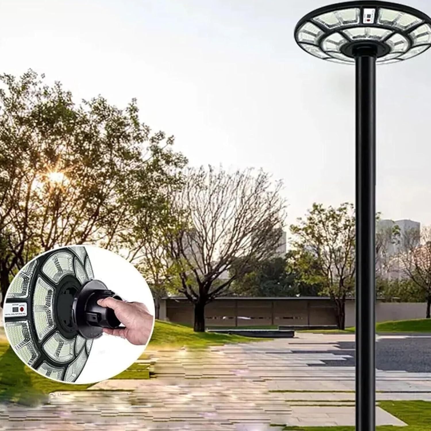 Generico Lampione Solare Esterno 2000 Watt, LED Stradale Giardino UFO con Telecomando, Sensore Movimento, Crepuscolare, IP66, Luce Fredda, Faretto Solare Alta Efficienza