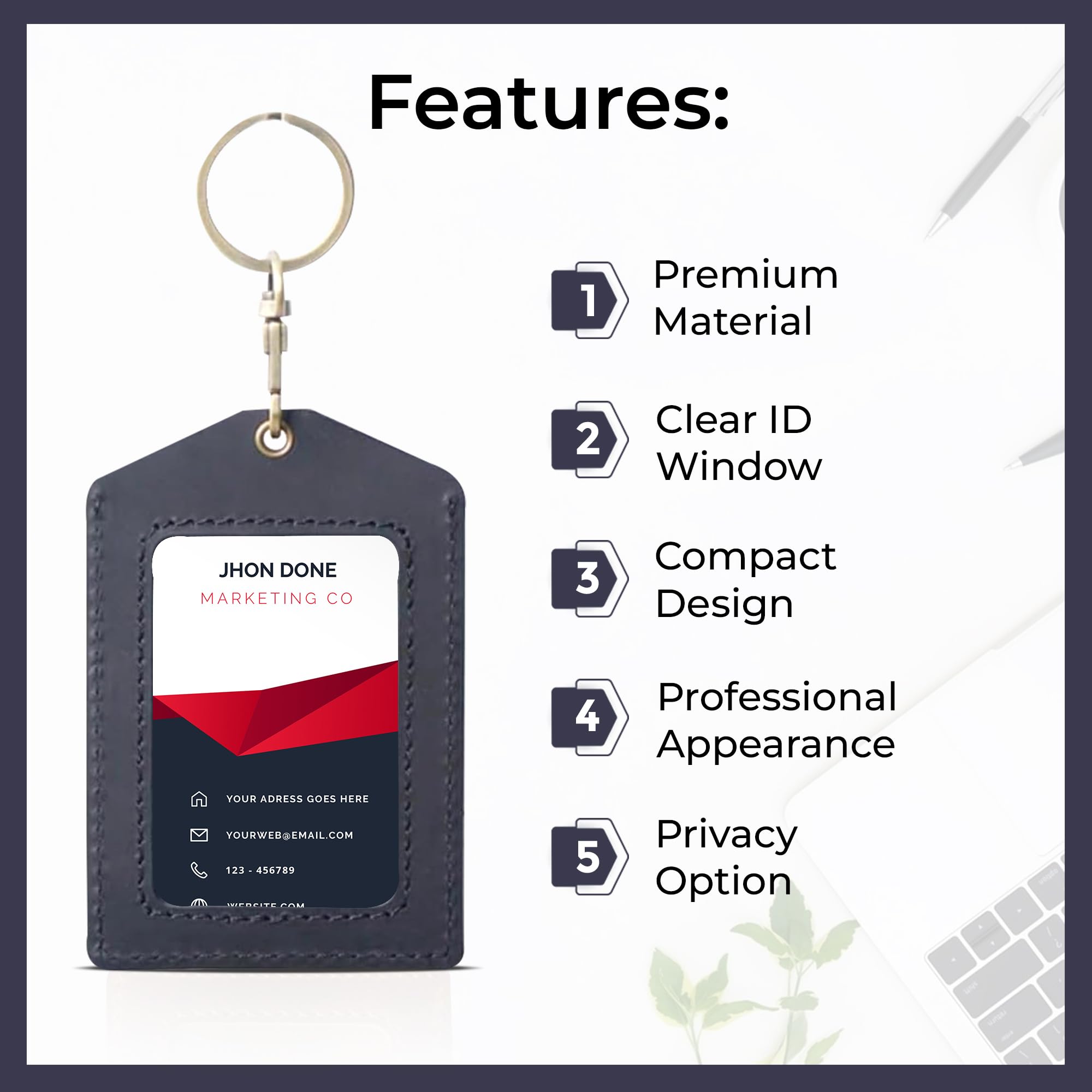 Trizek - ID Badge Luggage Tag School and Working Card tag Genuine Leather ID Card Holder Tag (Black) - Image 2
