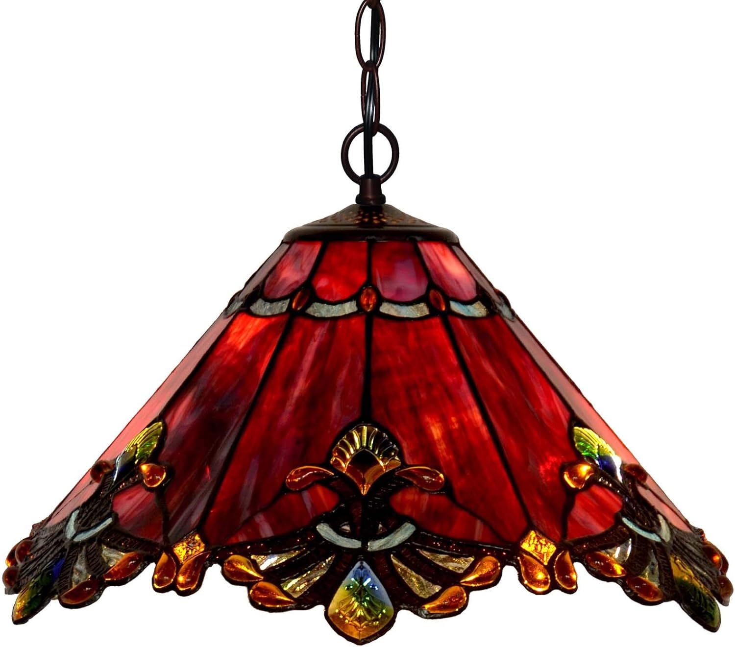 Bieye L10059 Baroque Tiffany Style Stained Glass Ceiling Pendant Fixture with 17 Inch Wide Handmade Shade (Red)