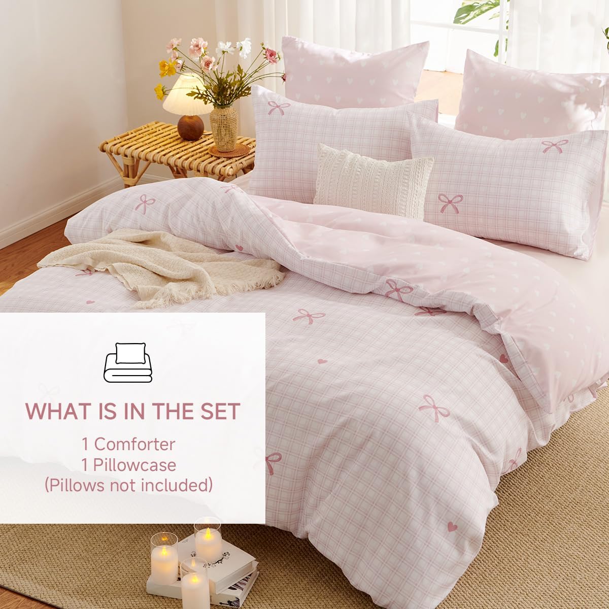 Gingham Comforter Set Twin Size,2 Pieces Pink Plaid Bow Ties Comforter Bedding Sets Reversible Pattern for Girls Kids,Cozy Breathable Microfiber Comforter and 1 Pillowcase - Image 4